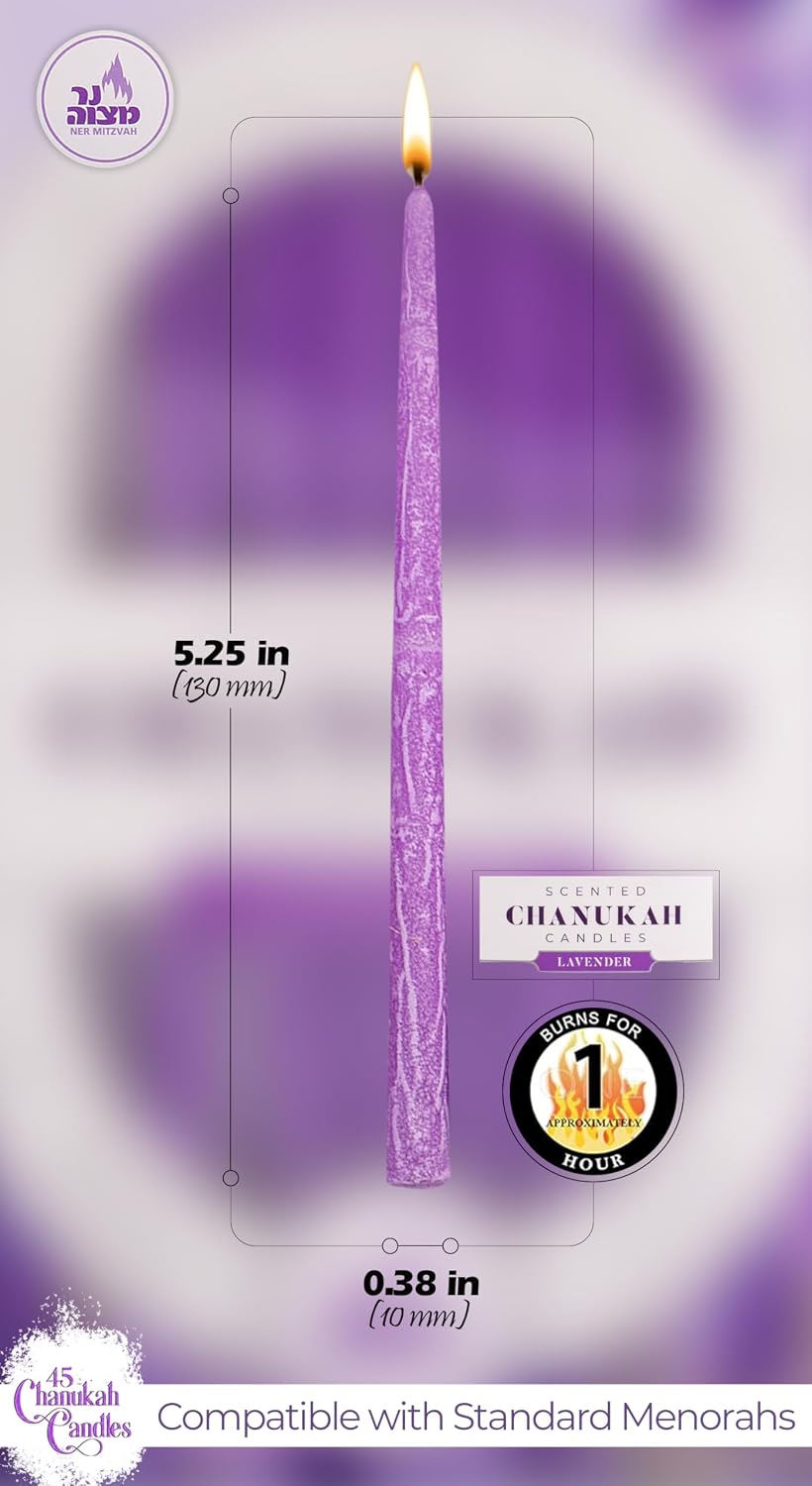 Ner Mitzvah Dripless Chanukah Candles Standard Size, Scented Hanukkah Candles Fits Most Menorahs, Premium Quality Wax for All 8 Nights of Hanukkah - Count 45, Purple
