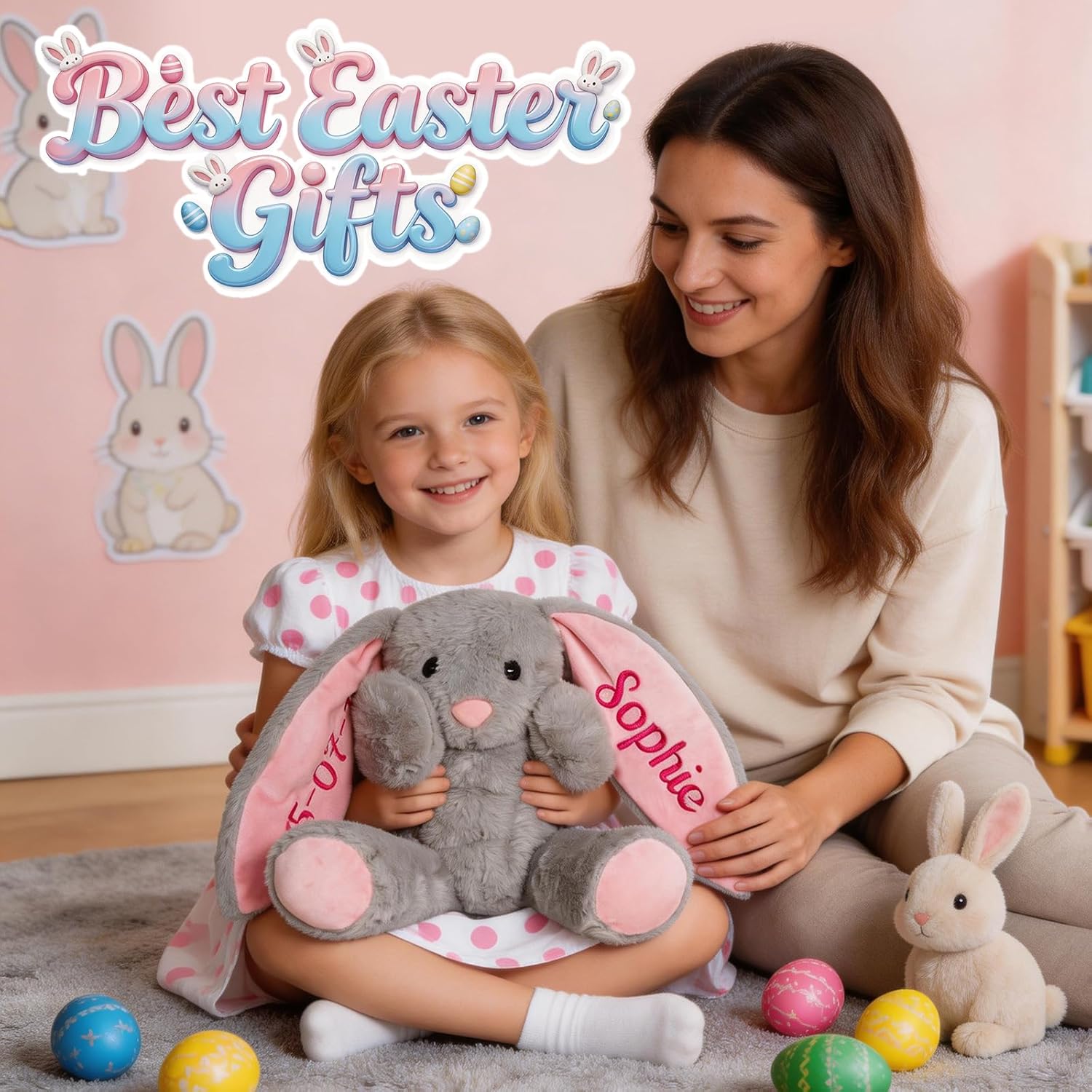 Personalized Bunny Plush Stuffed Animal, Custom Bunny Toy with Embroidered Name, Toys for 1-14 Year Old Baby Girls Boys, Customized Infant Toys Easter Birthday Gifts (Grey)