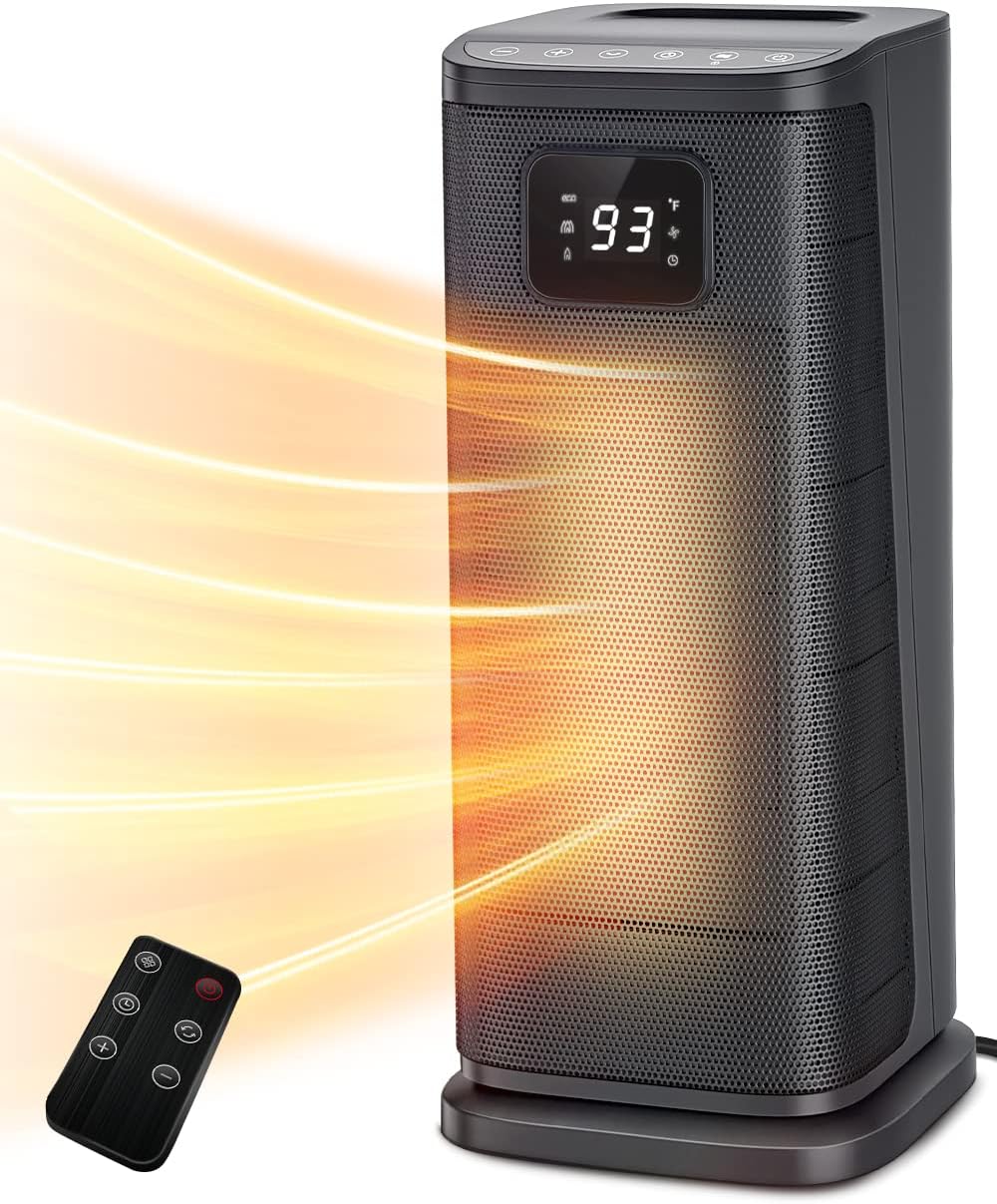 Space Heater, 1500W Ceramic Tower Heaters Indoor Portable with Remote, Electric Internal Oscillating Fast Heating Heater with Adjustable Thermostat, ECO Mode and Timer, Quiet and Safe for Indoor Use