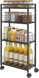 Slim Storage Cart, 4 Tier Kitchen Cart with Wheels Rolling Storage Cart with Top Handle Narrow Laundry Cart for Small Space Mobile Utility Shelf for Bathroom Organizer