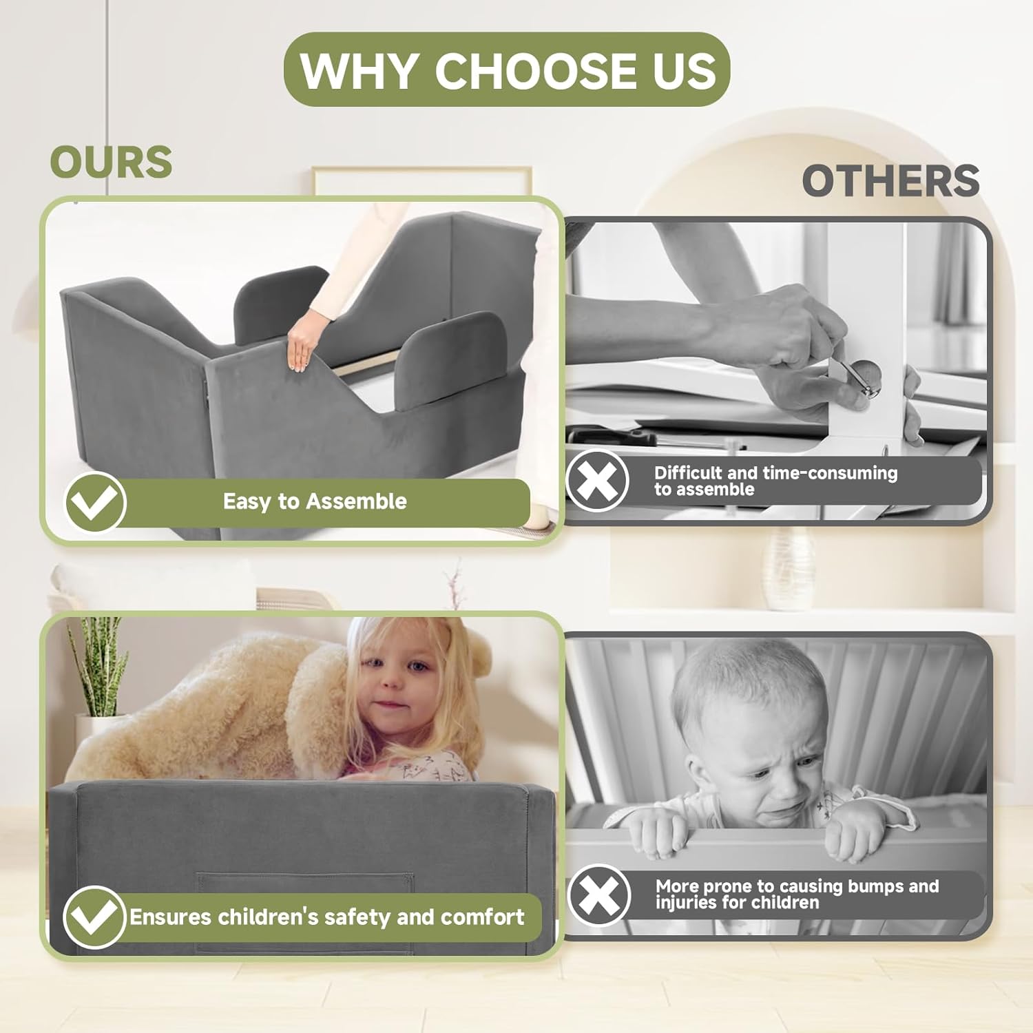 Toddler Floor Bed with Removable Safety Rails and Storage Bag, Kids Bed for Girl and Boys, Standard Crib Size, Safety Upholstered Child Beds, Low to Floor Design