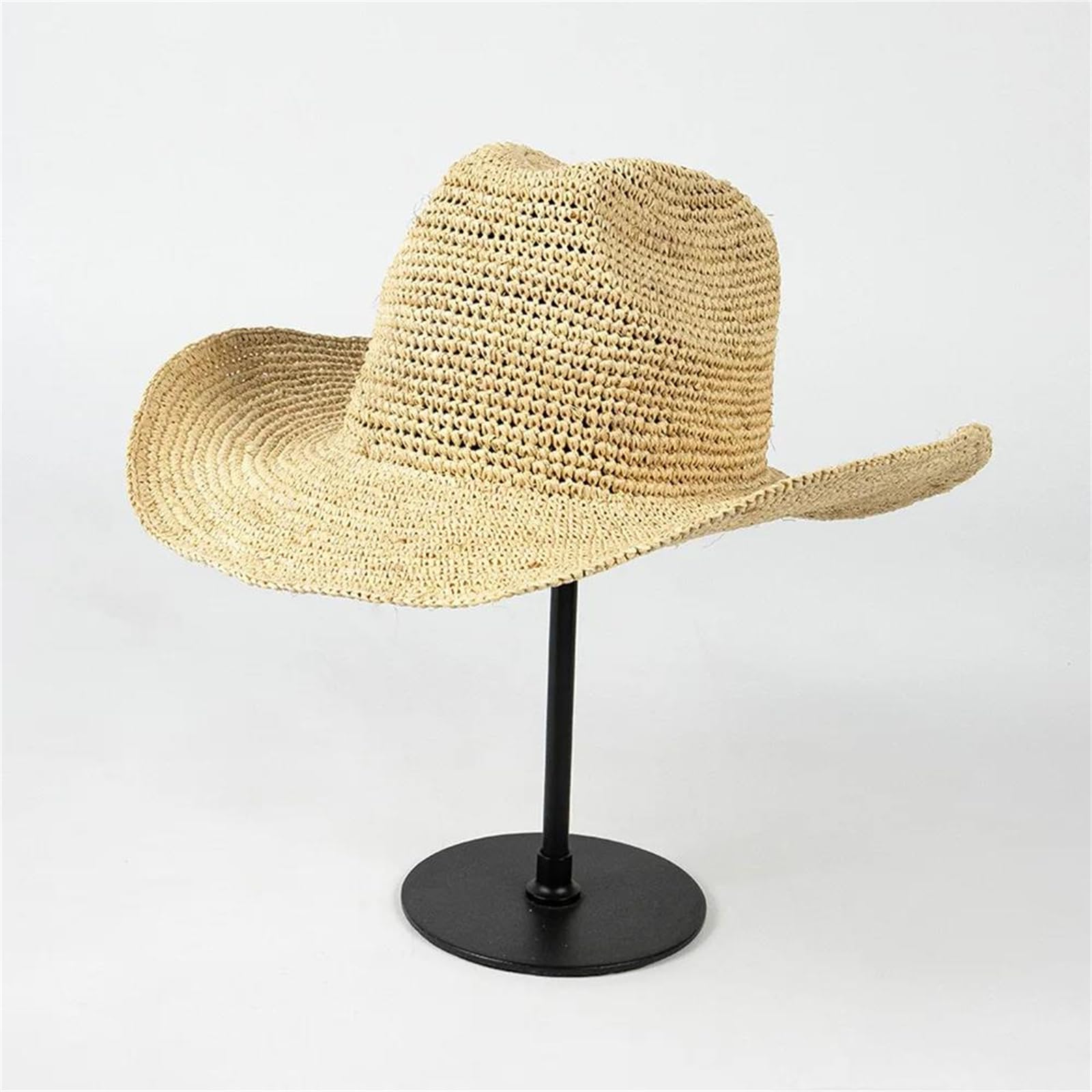Sombrero de vaquero de rafia de ganchillo informal para primavera y verano para mujer, con ala rizada, sombrero de paja para el sol