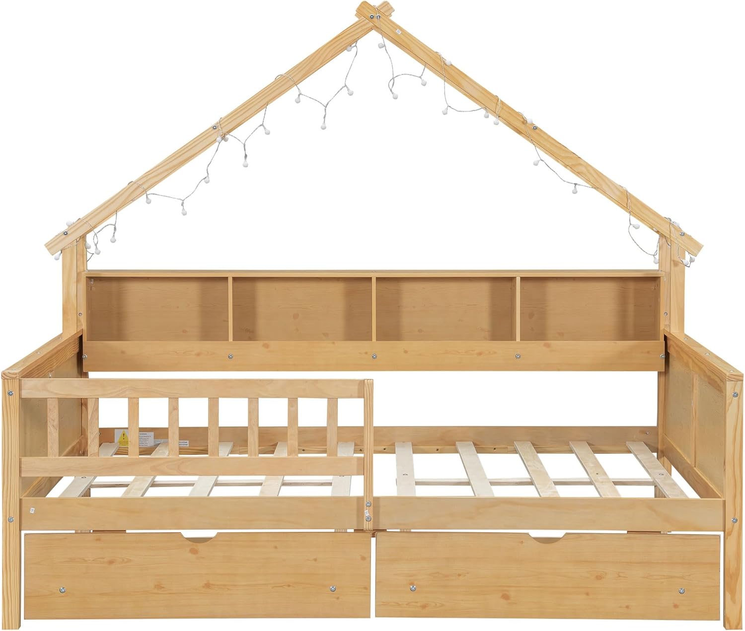 Ball & Cast Full Size House Platform Bed for Children W/2 Storage Drawers&LED Lights,Wooden Bed Frame W/Storage Shelves&Guardrail,Platform Bedframe for Bedroom,Playroom,No Box Spring Needed,Natural