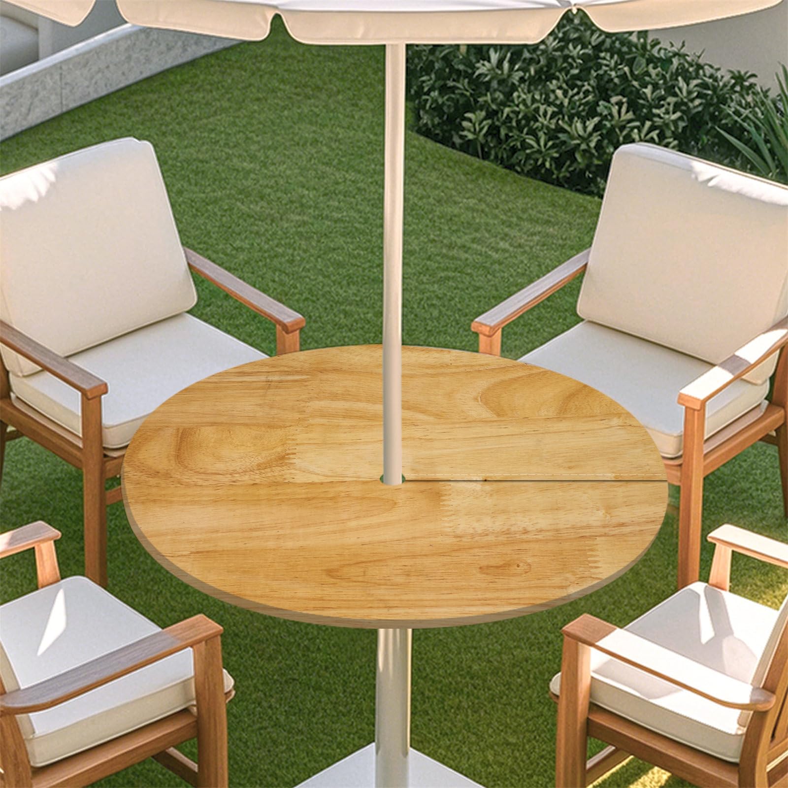 Fasbuy Outdoor Round Tablecloth with Parasol Hole and Zipper, Woodgrain Table Cloth Waterproof, Damask Ceramic Tile Mandala Wipeable Tablecloths Elastic Edge for Patio Garden (Camel,L)