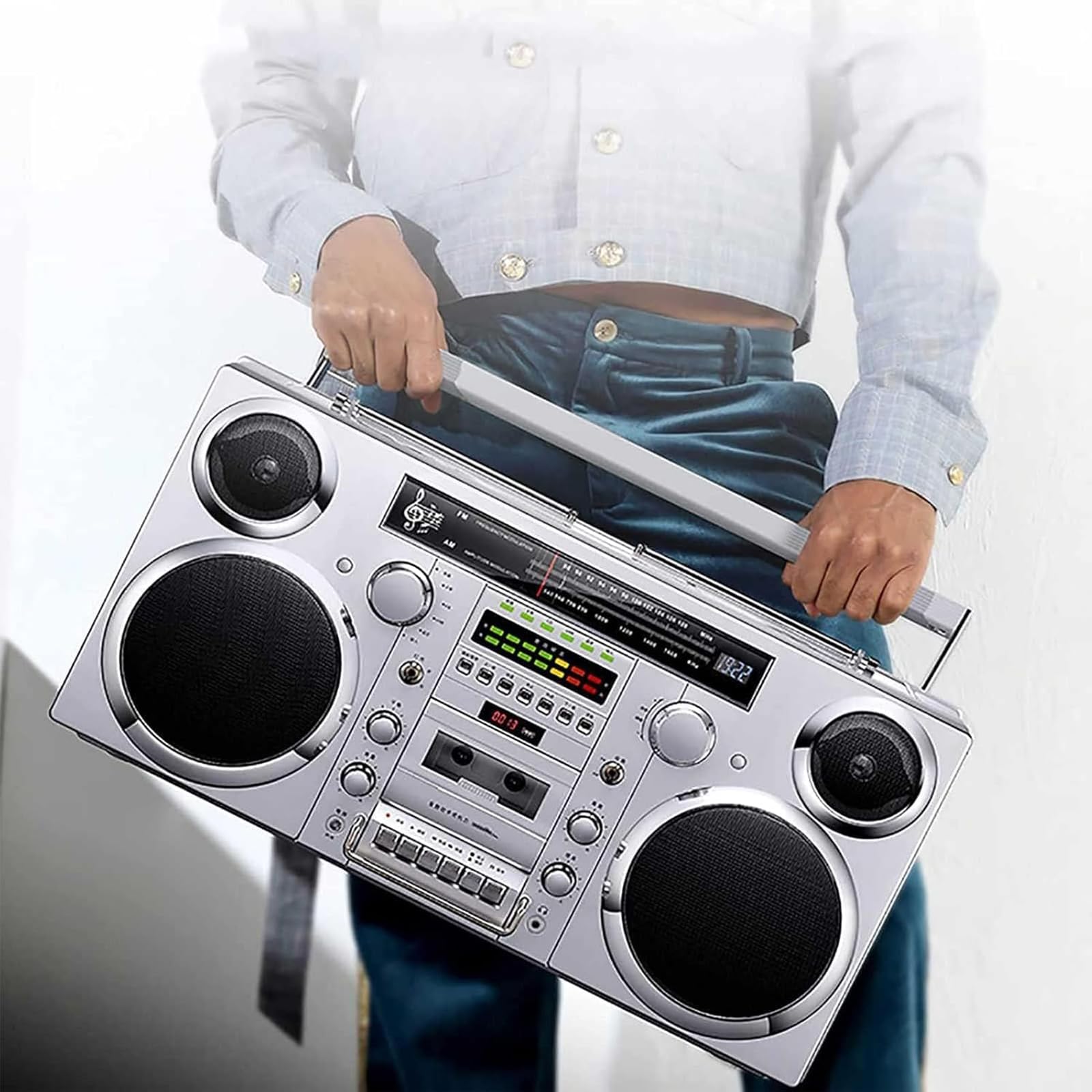 Reproductor Casetes Retro con Altavoz Alta Fidelidad CD/USB/Casete/Bluetooth/Aux ConexióN Bluetooth Conector para Auriculares, Radiocasete PortáTil Estilo AñOs 80 para Reuniones Familiares,Black