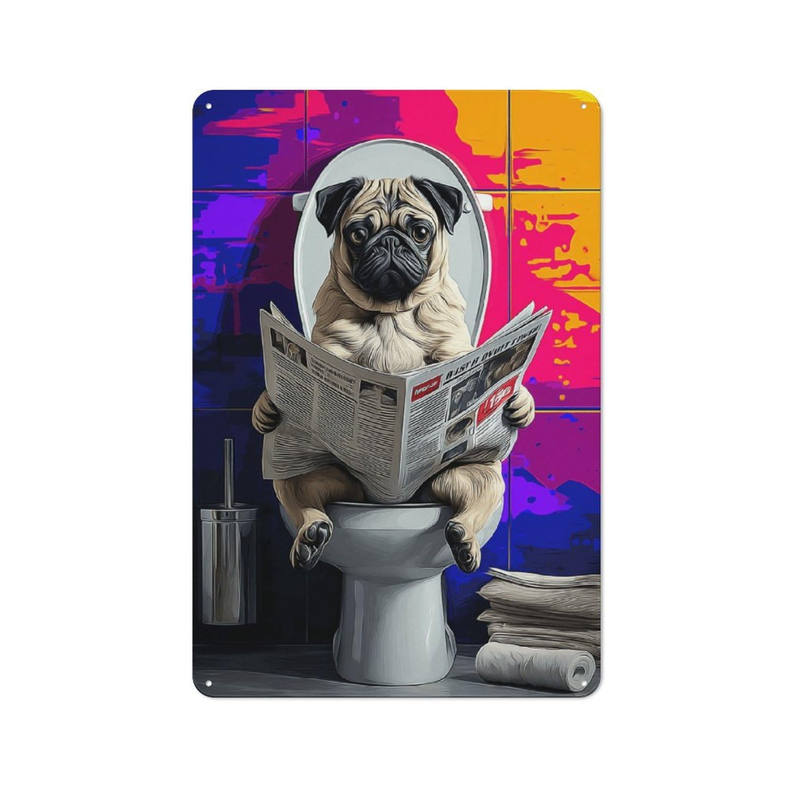 Junmoney Pug Reading Newspaper On Toilet 30X20cm Rustic Metal Plaque With For Café Or Restaurant, For Themed Interiors In Cafés And Restaurants