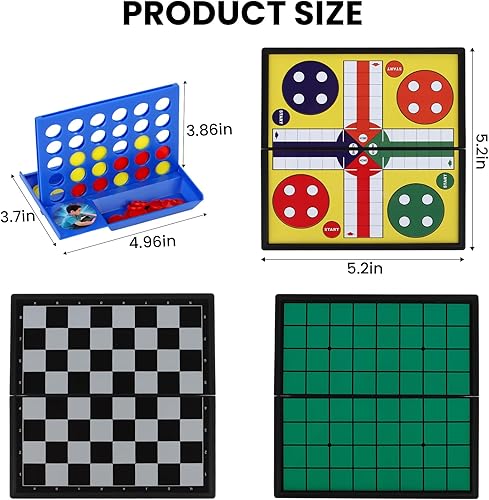 Miniatura 2 de Juego de mini juegos de mesa magnética 5 en 1 con 4 tableros de ajedrez plegables y 5 juegos de piezas de ajedrez, juegos de damas con bolsa de