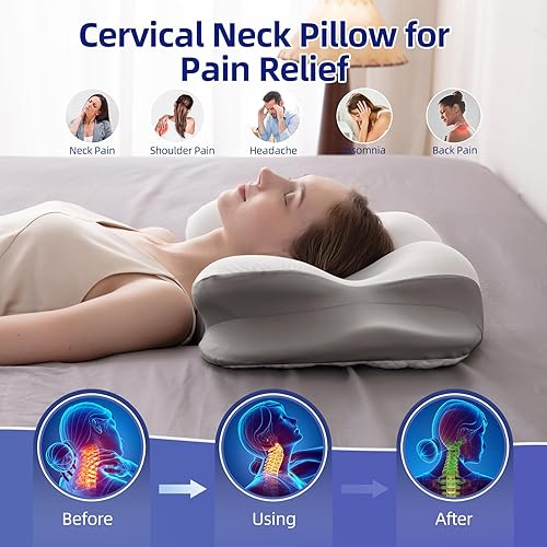 Miniatura 6 de Almohada cervical para el cuello Almohadas de espuma viscoelástica para aliviar el dolor dormir con funda de almohada refrescante, almohada