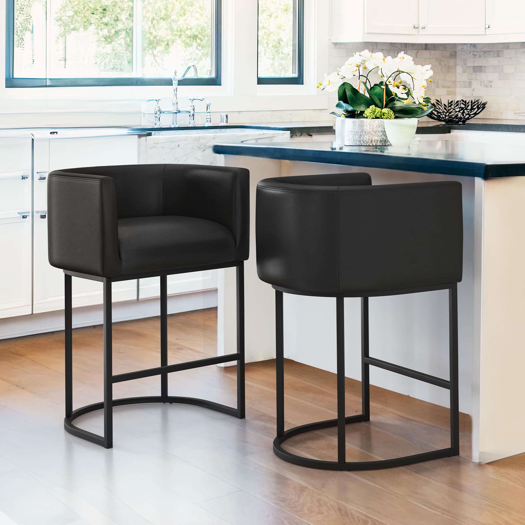 lue bona 27" h counter height bar stools set of 2, modern barrel counter stools with backrest and arms, black metal frames,faux leather upholstered accent barstools for kitchen island,black