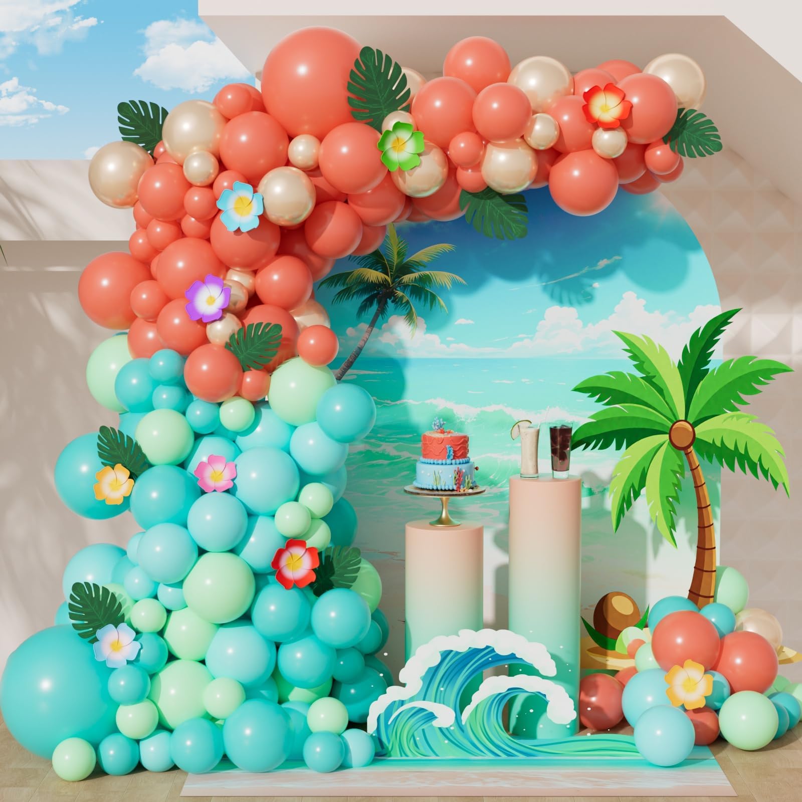 151 Stück tropisches Ballonbogen-Set, Korallenrot, Blaugrün, Pastellgrün, Blau, Perlgold, Luftballons für tropische Hawaii-Babyparty, Geburtstagsparty-Dekorationen