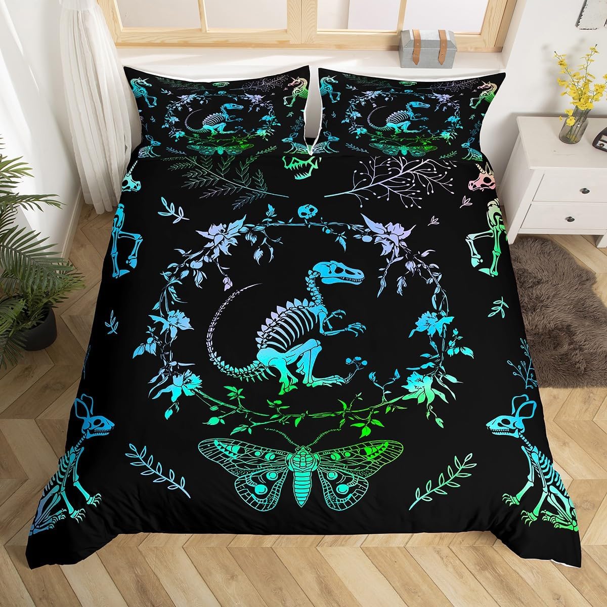 Dinosaur Duvet Cover Queen,Bohemian Flowers Leaves Bedding Set with Zipper Closure Quilt Cover(Comforter Not Included),Wild Animals Skeleton Butterfly Comforter Cover 3 Pcs,Ultra Soft