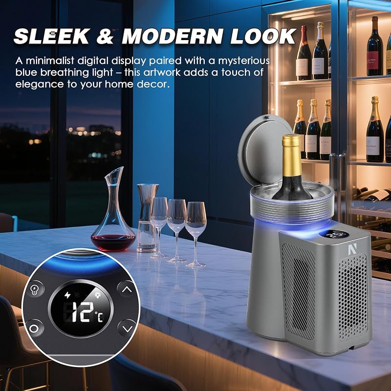 NEWTRY Elektromos Borhűtő - Gyorshűtés 750 ml-es Borosüvegekhez, Pezsgőhöz, Fekete ABS Borítás, Rozsdamentes Acél Belső, Autós Kábellel