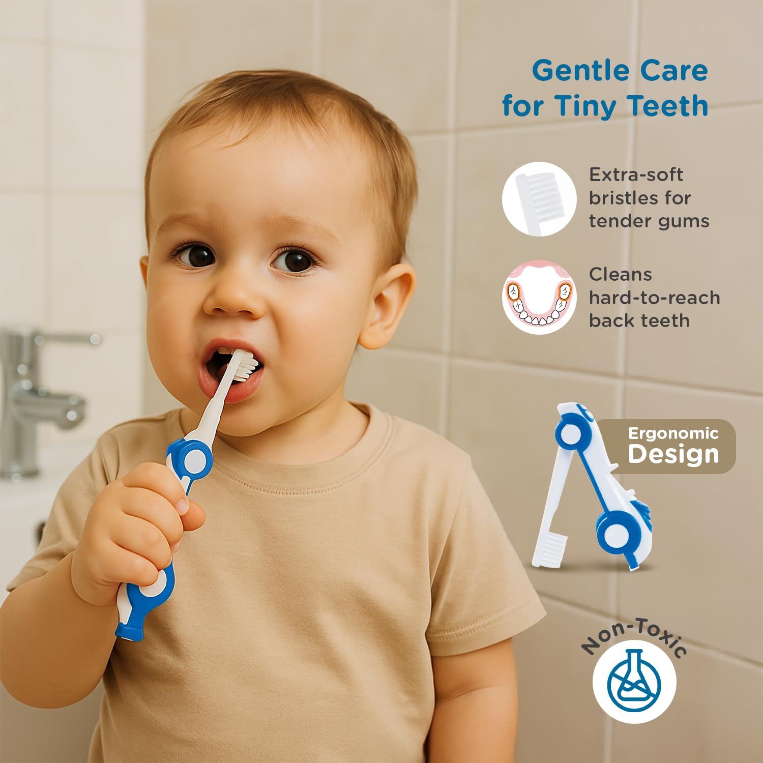Mee Mee Kids Toothbrush & Toothpaste Combo | For Babies & Toddlers (6 Months–3 Years) | Fluoride-Free, Safe to Swallow, Strawberry Flavour, Soft Bristles, Foldable Car-Shaped Brush (Blue) 4