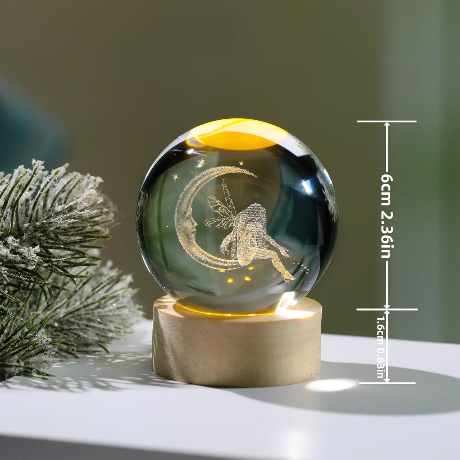 3D Moon Fairy Crystal Ball with Wooden Light Base, Moon Fairy Figurines Collection Gifts for Women, Night Light Home Decor