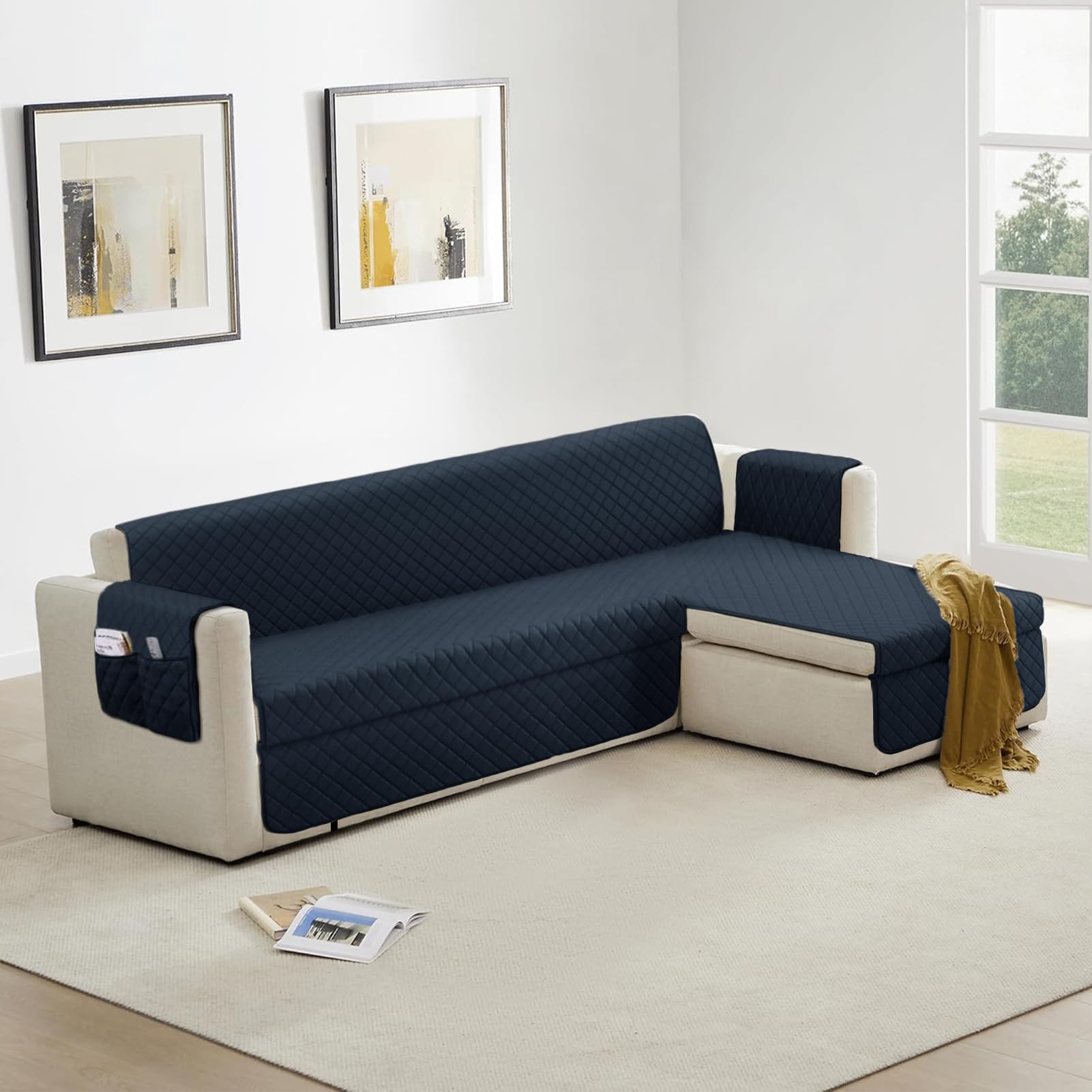 Funda Sofa Chaise Long Izquierdo/Derecho 300cm Impermeable, Fundas de Sofa Anti Gatos con Brazos, Protector Sofa Universal Reversible, Azul