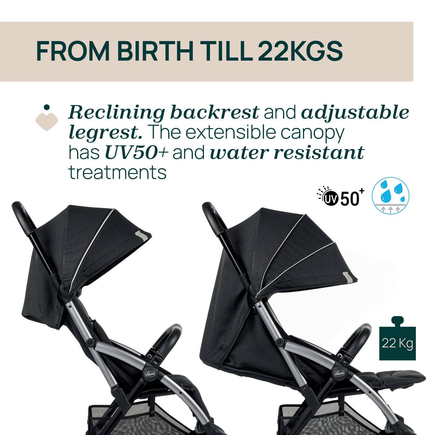 Chicco, Goody Plus Graphite, Poussette 0 Mois-4 Ans, Fermeture Automatique et Compacte, Capote Extensible avec Traitement UV50+ Anti-pluie, Dossier Inclinable et Réglable en 3 Positions, Repose-jambes