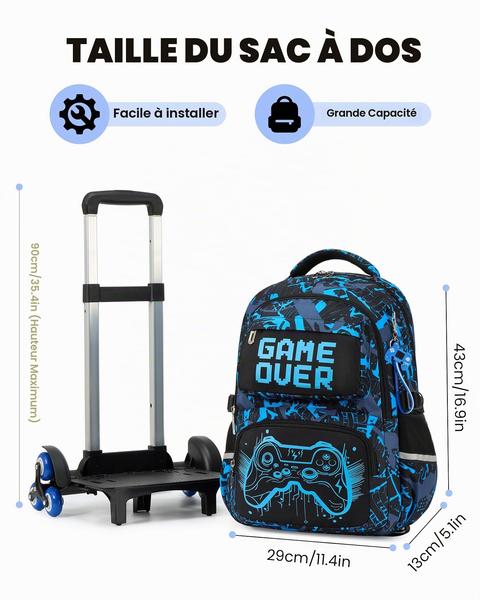 Amythe Sac à Dos Trolley Garçons 8 à 12 ans à 6 Roues Lumineux Grand, Bleu | Imperméable Réfléchissant Ergonomique Bleu Daypack Multi-Poches Spacieux Robuste pour École Voyage Randonnée Loisir