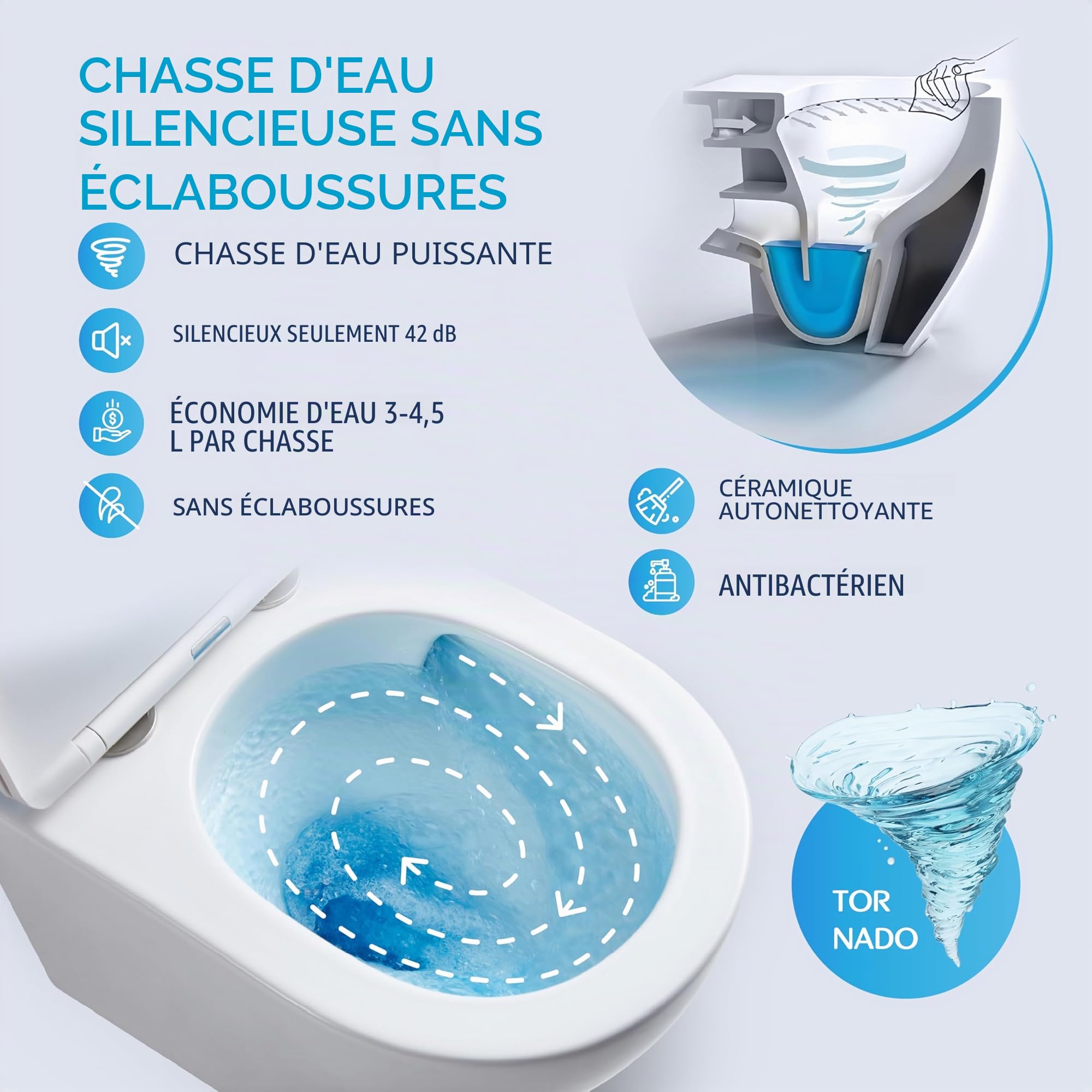 HOGART WC Suspendu avec Base Cachée et Fixations Invisibles, Système de Chasse Tornado Silencieux et Économique 3-4,5 L, Cuvette Céramique Facile à Nettoyer, Abattant Soft-Close, Gain de Place