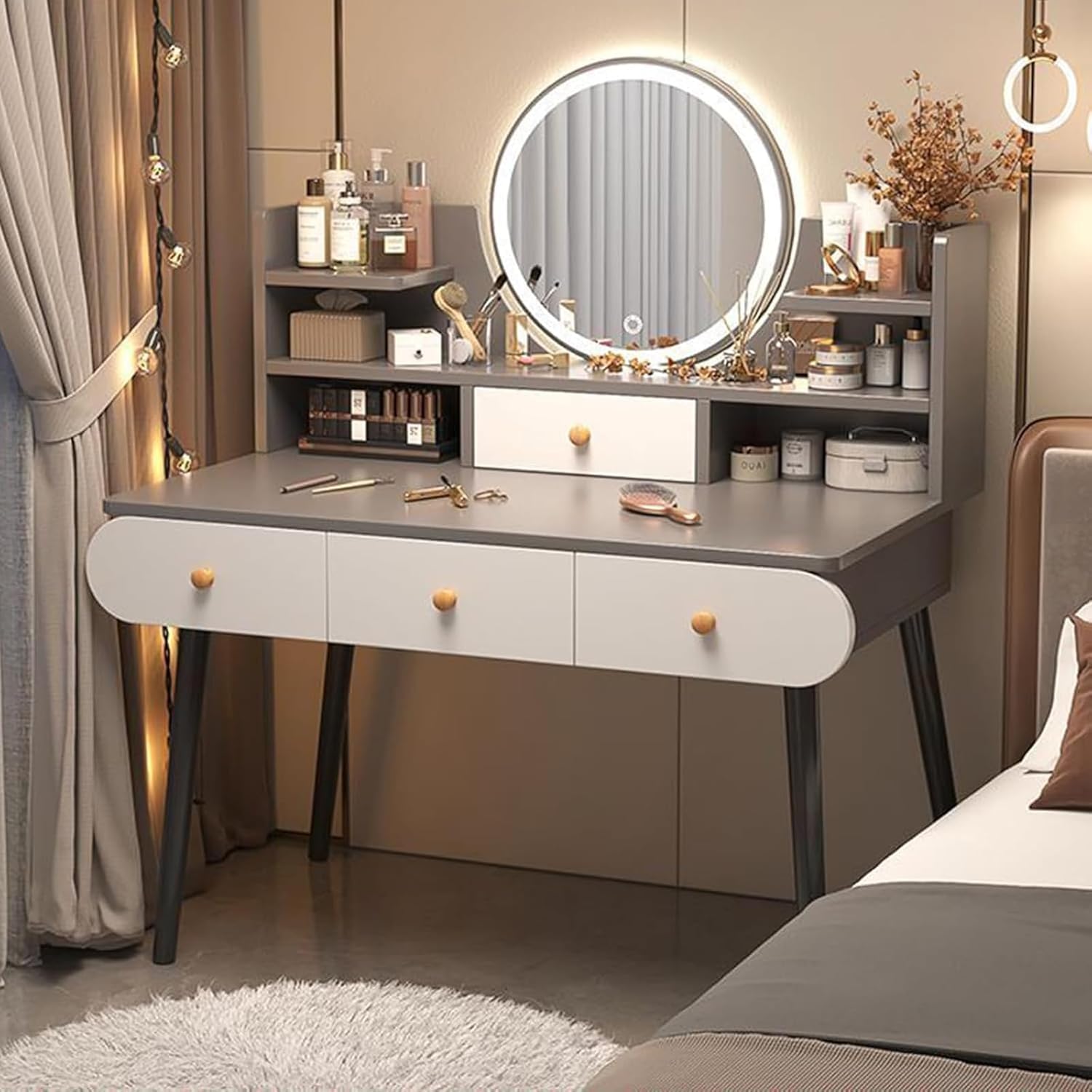 ALISSA Modern Vanity Table with LED Mirror Minimalist Makeup Desk with Multiple Smart Drawers & Storage Shelves for Elegant Bedroom or Dressing Room Aesthetic Décor (Gray / 100cm)