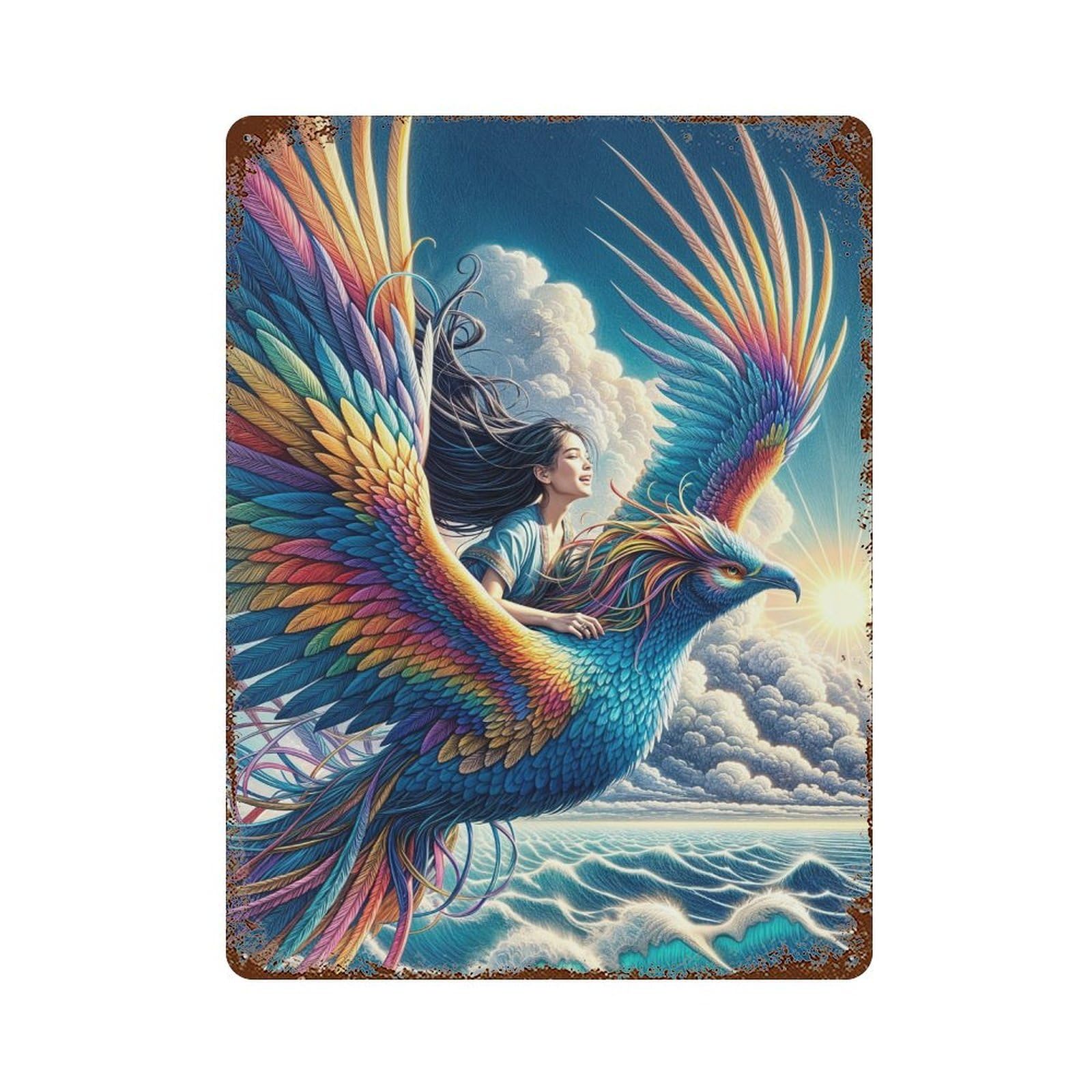 Fantasy Phoenix Flight Over Ocean Rust Effect Tin Sign 15.7"x11.8", Rustic Home Decor for Cafe, Home Bar And Lounge Decor