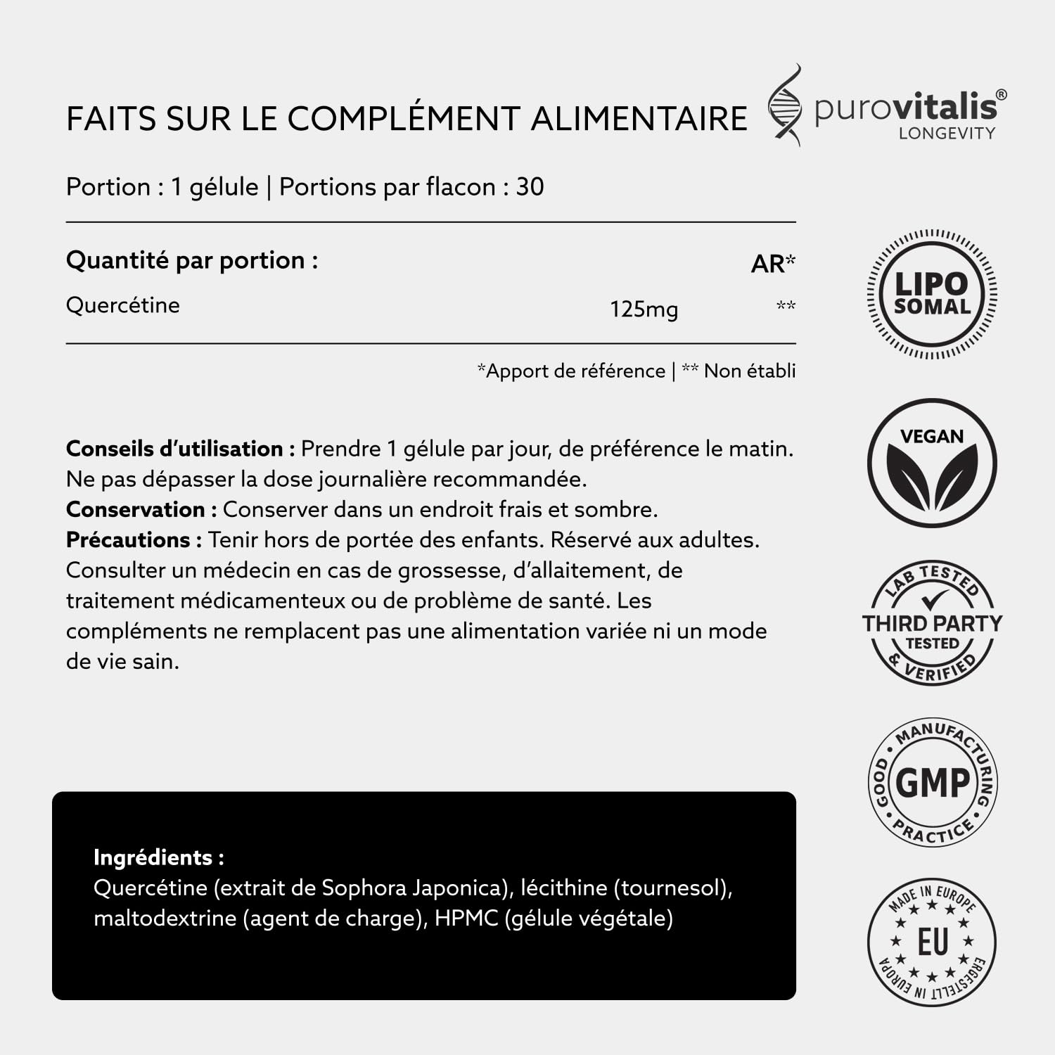 PUROVITALIS Quercétine Liposomale 125mg, 99% pure, 30 Gélules | Flavonoïde antioxydant de Sophora japonica, 99% pur; réponse immunitaire; cure 1 mois, sans gluten, GMP, vegan