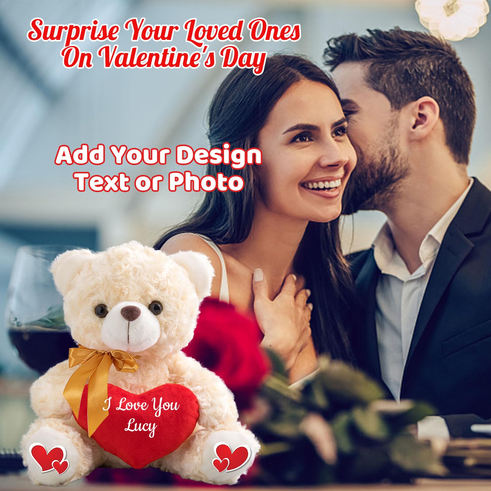 Personalized Valentine Teddy Bear With Heart & Bow - Custom Text Or Photo Plush, 8 Inch Gift For Her/Him/Kids - View #11