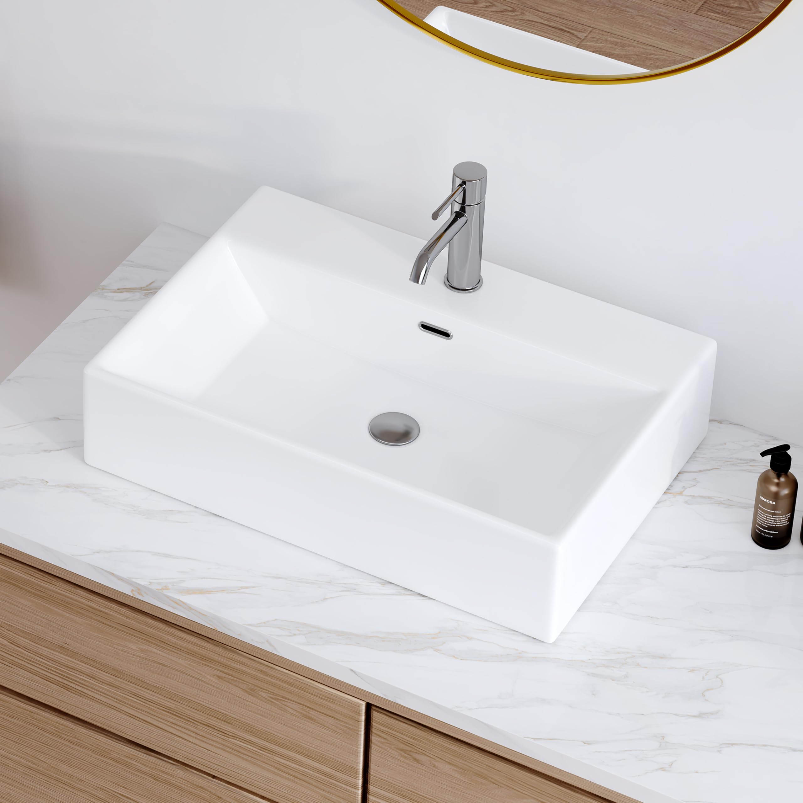 24" x 16.5" Bathroom Sink Vessel Rectangle, Eridanus Hang Wall Mount Sinks Countertop Vanity Floating Trough Washbasin, Ceramic Porcelain Modern White Art Basin Bowl with Overflow