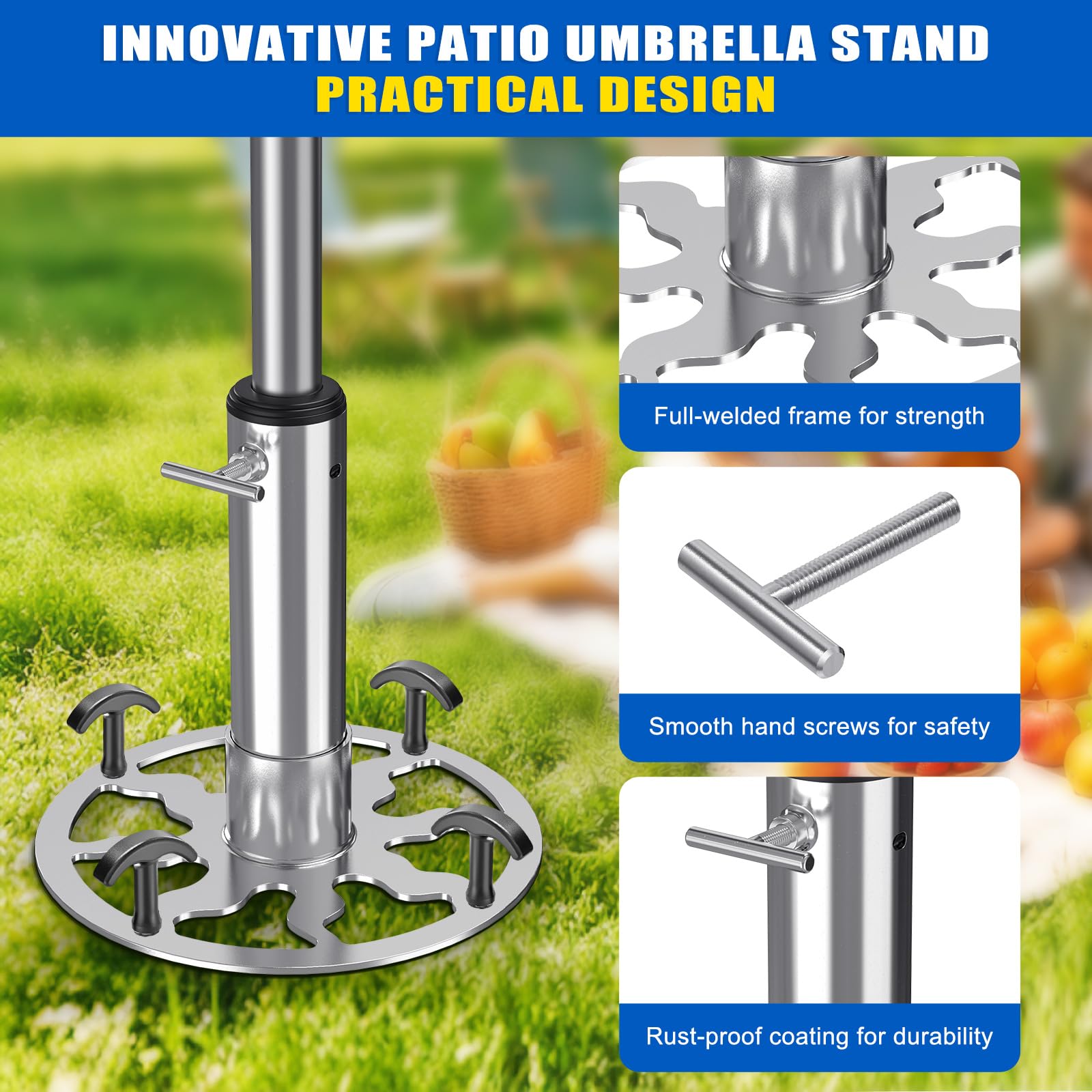 Dolibest Portaombrelli da patio resistente (palo da 1 a 1,9 pollici), base per ombrellone da esterno con picchi/tasselli di espansione, base per ombrellone in acciaio per patio, cortile, erba/cemento