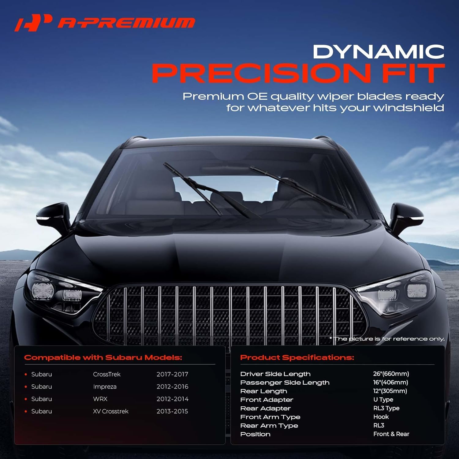 A-Premium 26"/16"/12" Windshield Wiper Blades Compatible with Subaru Impreza 2012-2016, CrossTrek, XV Crosstrek, WRX - Front Rear Wipers Blade for Hook/RL3, with Wear Indicator & Towel (Pack of 3)