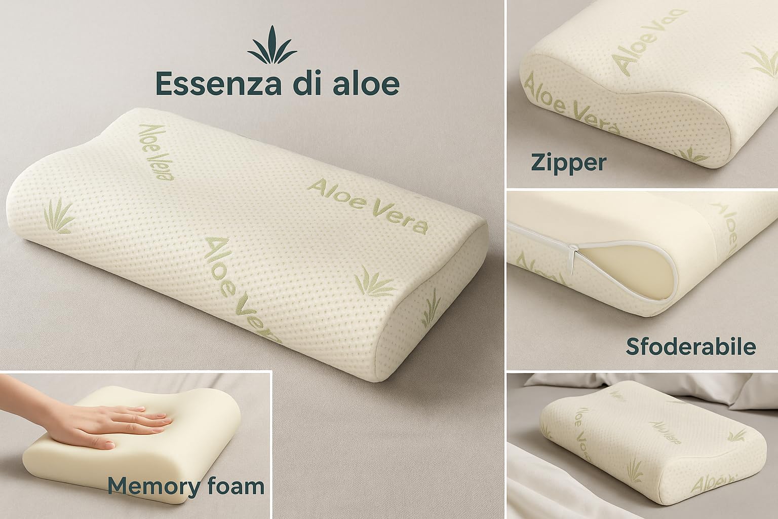 Tessiharmony Almohada cervical para dormir de espuma viscoelástica ortopédica de doble onda ideal para soporte al cuello, ergonómica, transpirable e hipoalergénica, con funda de aloe vera, antiácaros