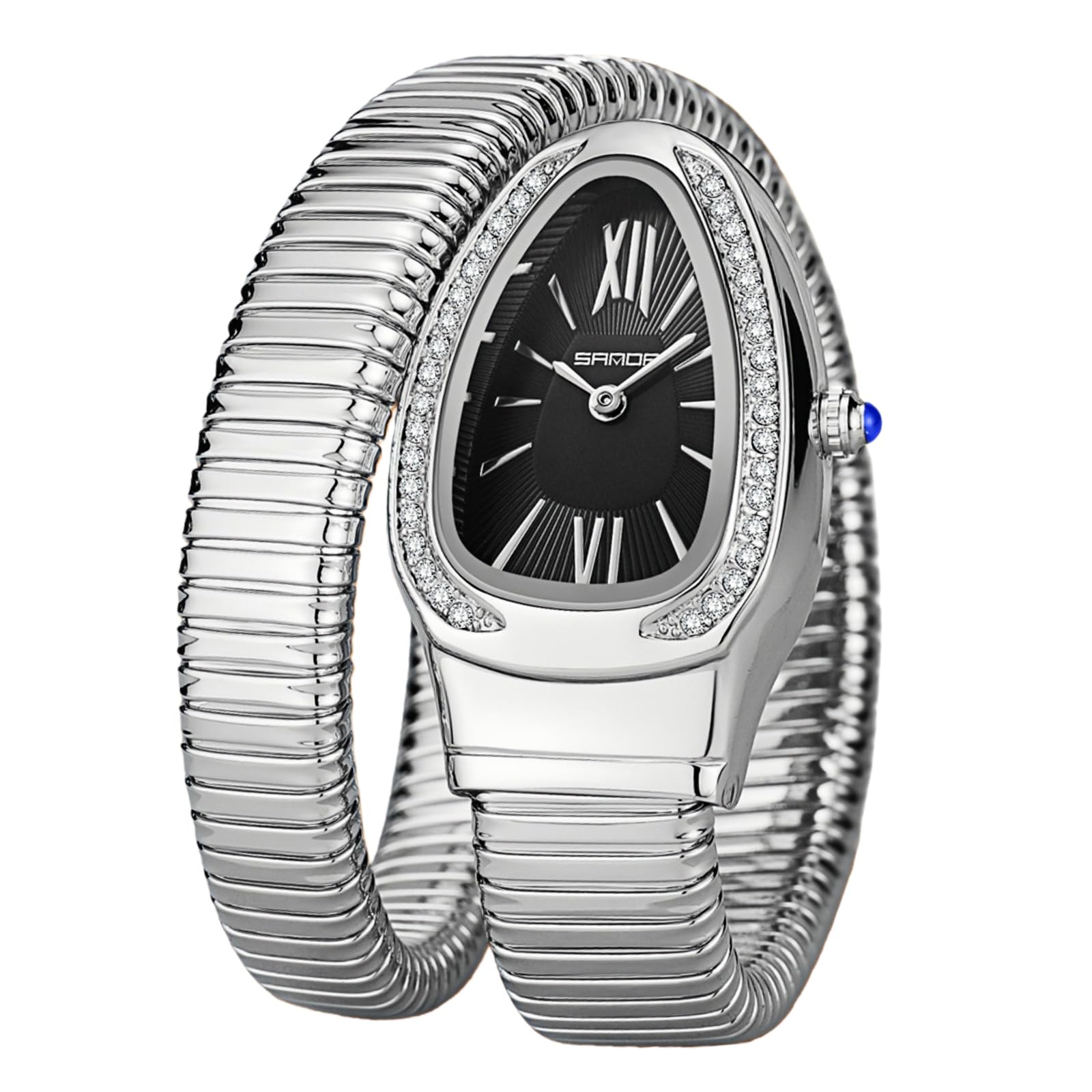 Gosasa Stylish Women's Snake Shape Bangle Watch Unique Design Snake Coil Elegant Dress Diamond Bracelet Ladies Quartz Wristwatch with Roman Numerals Dial