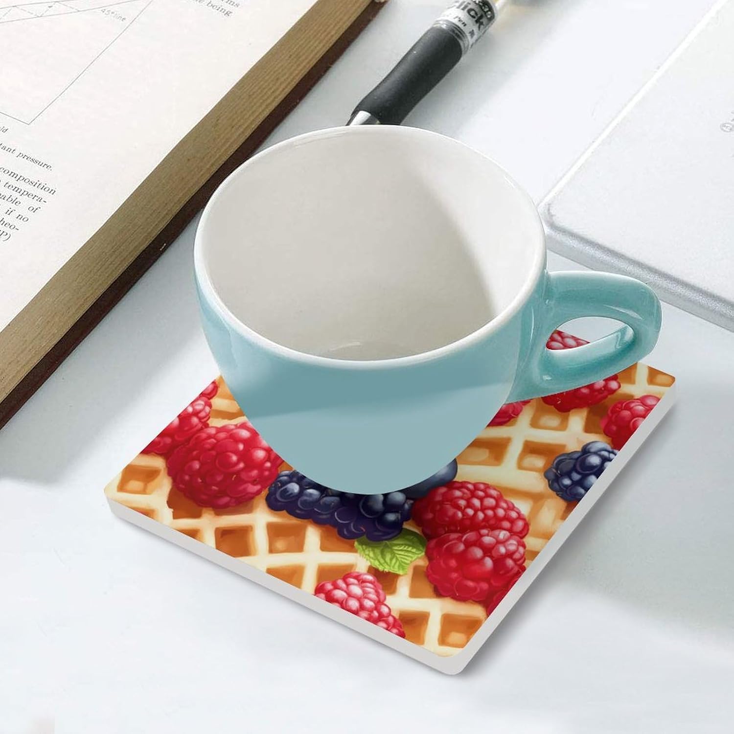 Waffle with Berries Funny Ceramic Coasters for Drinks Absorbent Cup Holder Tabletop Protector with Cork Base