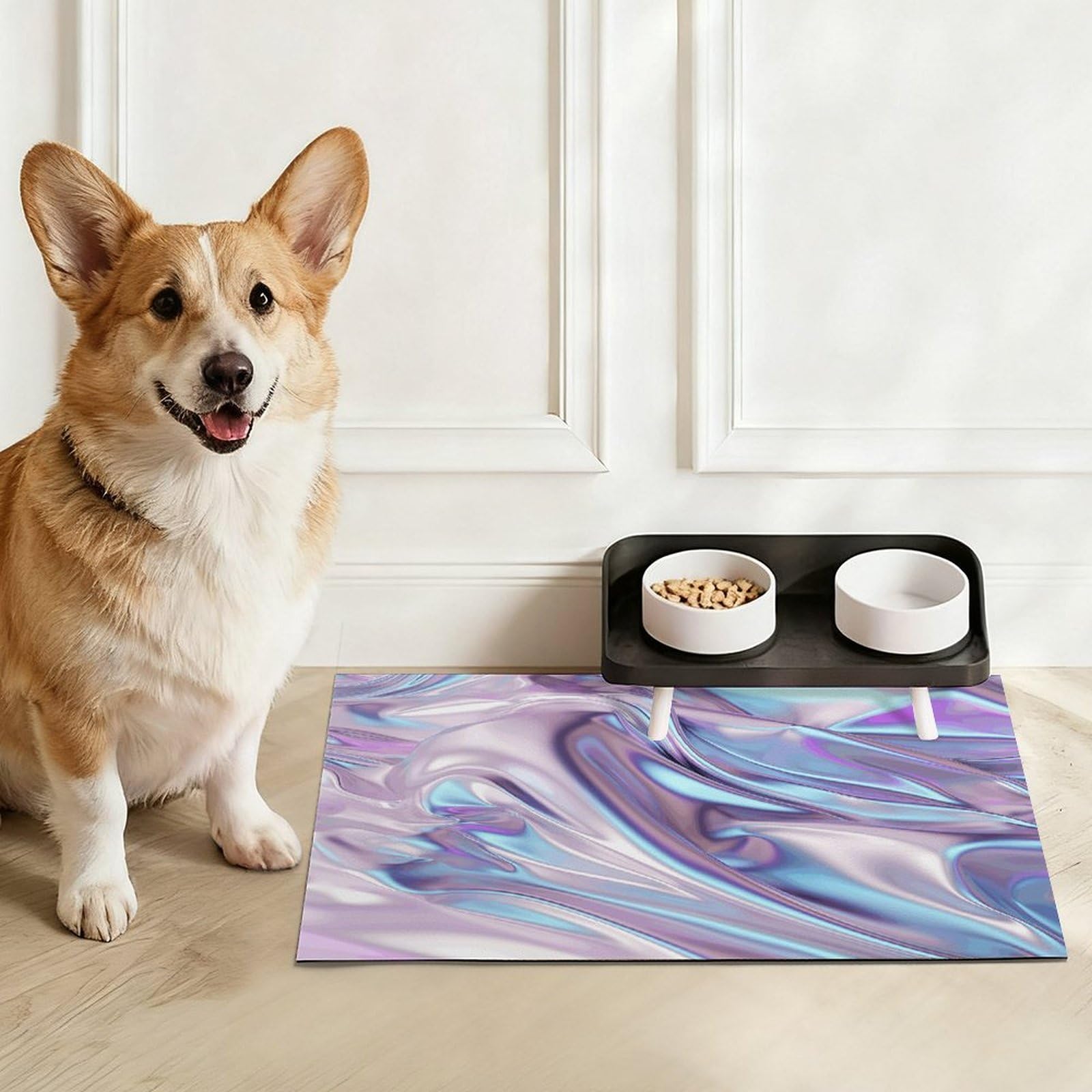 Tapis de nourriture pour chat à texture argentée brillante – Tapis d'alimentation antidérapant pour chien facile à nettoyer pour la nourriture et l'eau, tapis de gamelle pour chien et chat 43,2 x 76,2