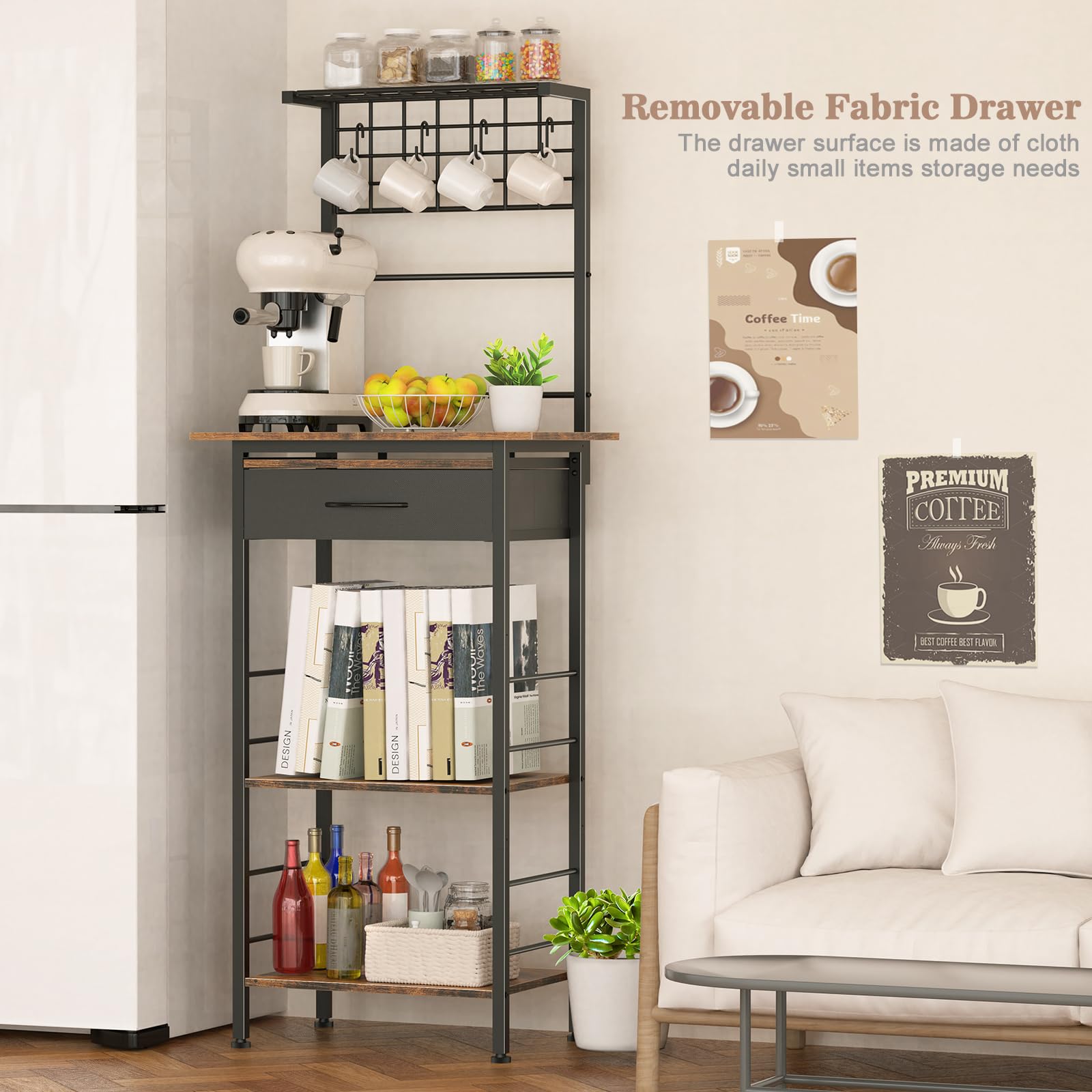 Estación de barra de café, soporte de café de 5 niveles con cajones de almacenamiento organizadores, gabinete de esquina de cocina con 4 ganchos en forma de S y madera doble, estante de cocina para