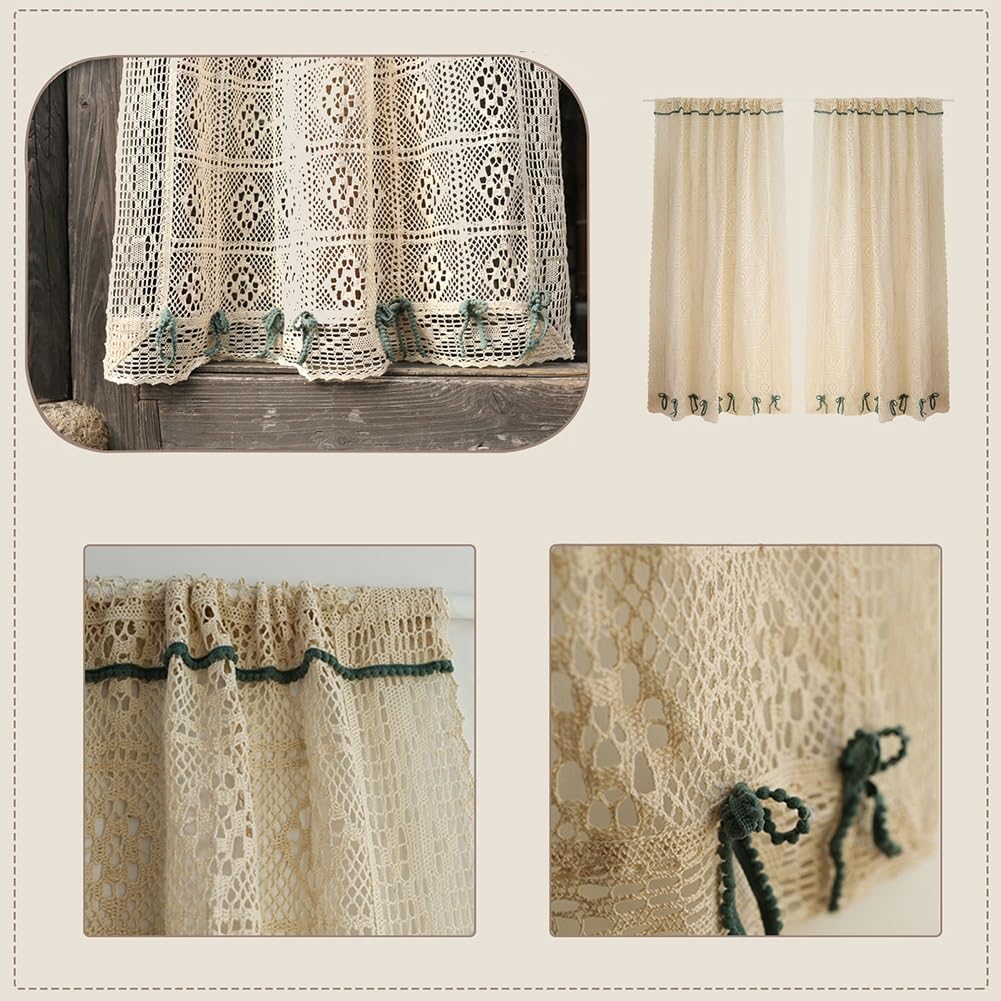 Rideau Court En Dentelle Boho Crochet Floral Beige 60x150cm - Cantonnière Shabby Chic Cuisine, Séparation Pièce Ou Fenêtre