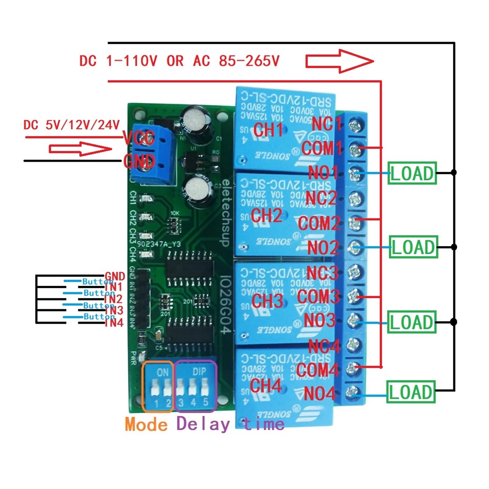 Modulo relè PLC Modulo relè ritardato a 4 canali Interruttore relè DIP DC 5V 12V 24V(24V)