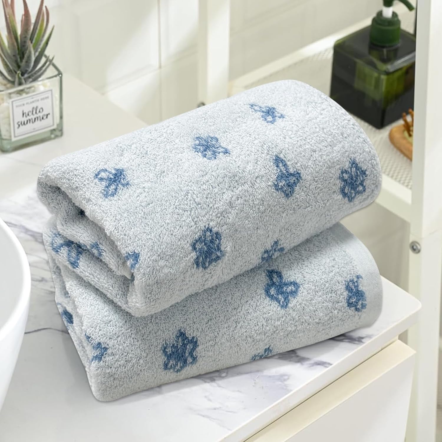 USTIDE Hand Towels for Bathroom 100% Cotton Hand Towels Set Cute Flower Pattern Extra Soft Absorbent 2 Pieces Face Towel Set for Daily Use Blue and White, 13.8 x 29.5 Inch