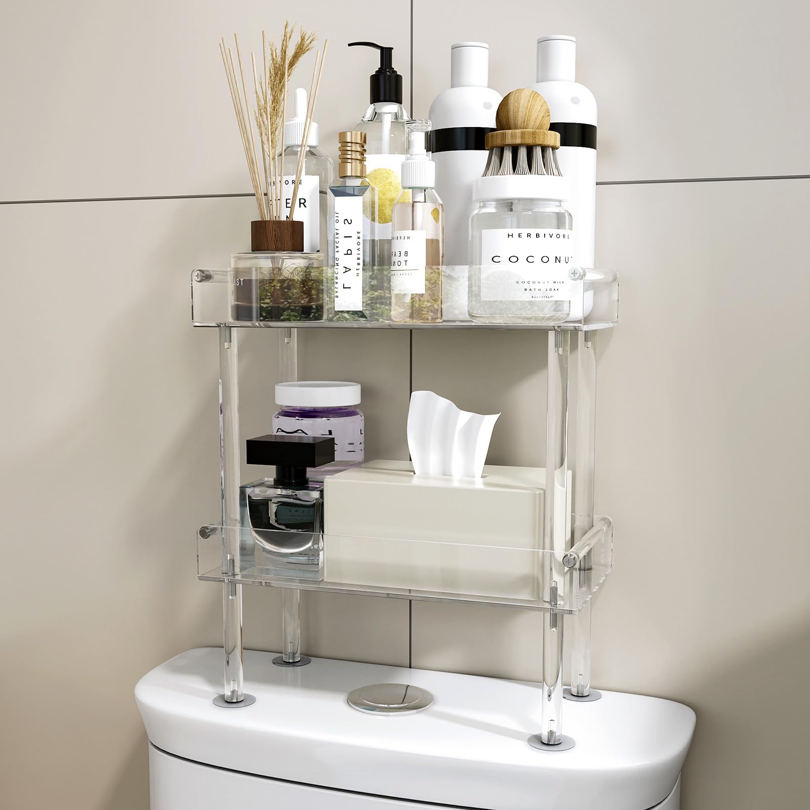 Sumerflos Acrylic Over The Toilet Storage Shelf - 2 Tier Clear Over Toilet Bathroom Organizer Rack Bathroom Space Saver Stable Easy Assemble Waterproof No Drilling Modern