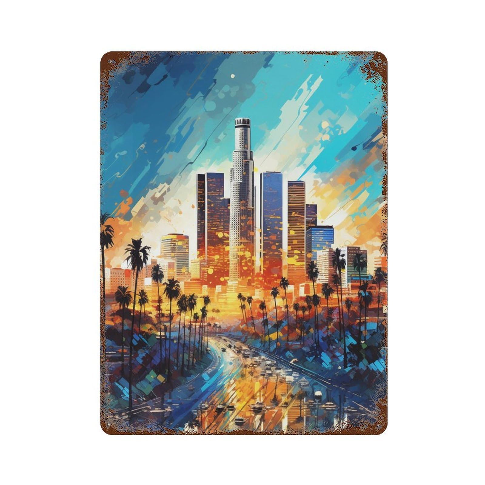 Urban Sunset Cityscape Aged Metal Wall Plaque 15.7"x11.8", Industrial Home Decor for Garage, Pub Or Kitchen