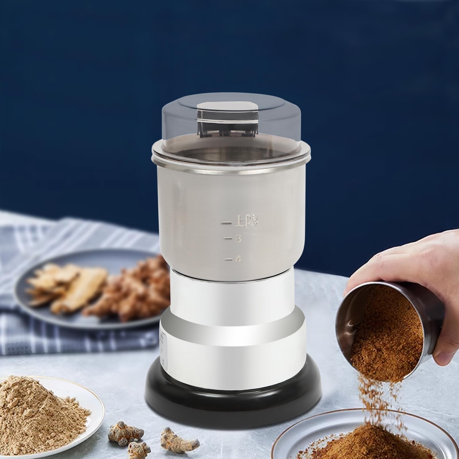 Moulin à café électrique 500 ml 300 W Moulin à céréales électrique avec pinceau et cuillère Machine à café Moulin en acier inoxydable pour céréales, haricots, épices, grains de café