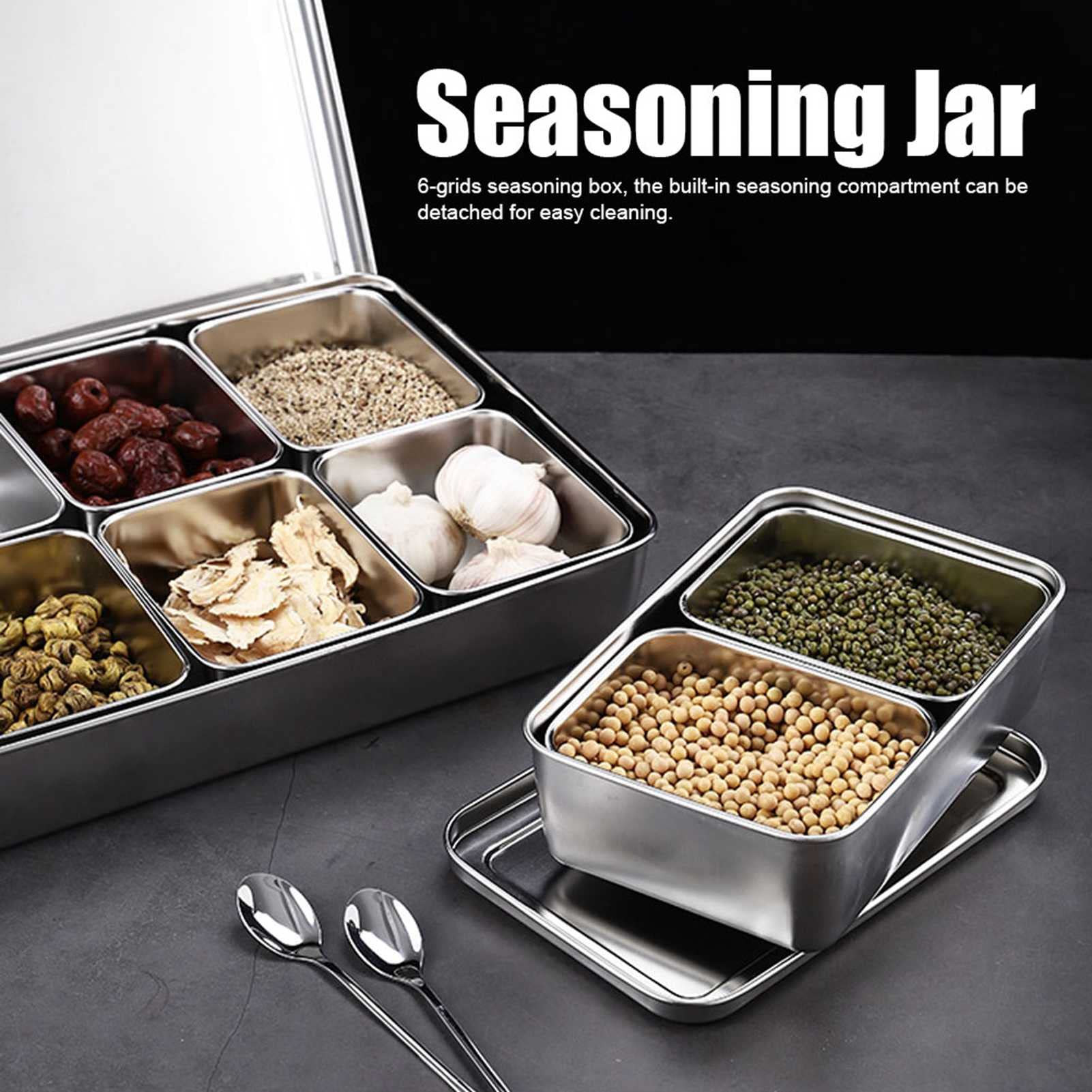 Organizador De Condimentos De Condimento De 6 Cuadrículas, Organizador De Condimentos De Contenedores De Almacenamiento De Jarras De Sal De Acero Inoxidable Con Cucharas Para Cocina, Comedor