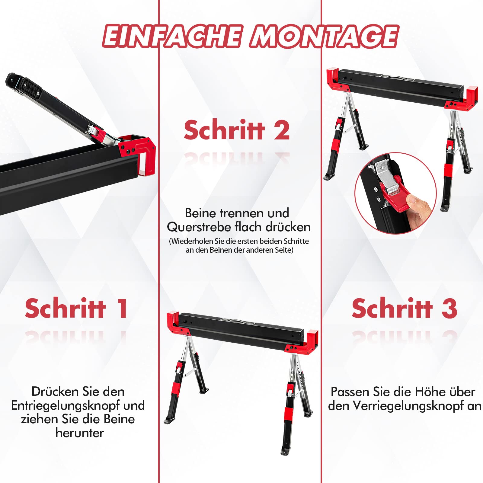 GYMAX 2er Set Sägebock höhenverstellbar 61,5–82,7 cm, tragbarer Arbeitsbock bis 1180 kg belastbar, klappbarer Unterstellbock, Werkstattbock mit Anti-Rutsch-Auflage & Tragegriff, Schwarz+Rot