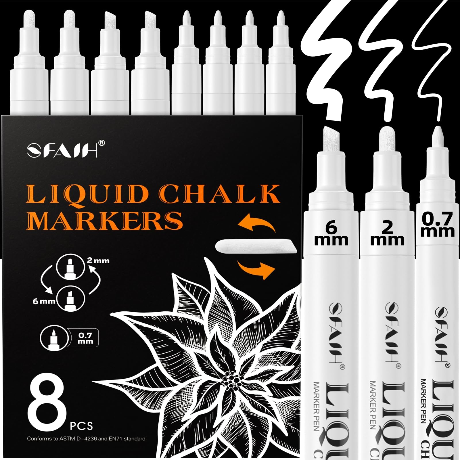 SFAIH White Liquid Chalk Markers for Blackboard, Glass[Wet Wipe No Residue]