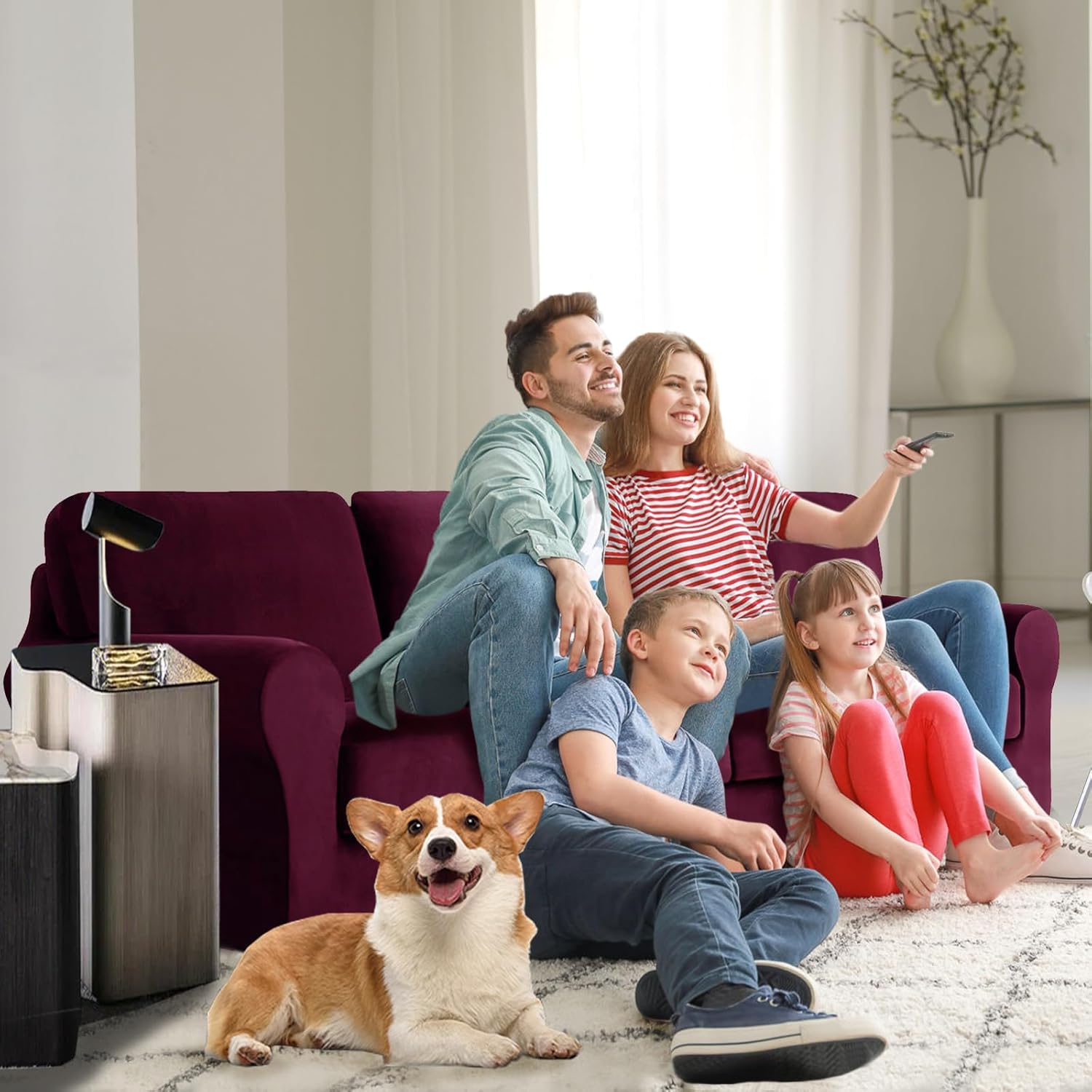 UNBBRRL 1 2 3 4 Seater Velvet Ektorp Sofa Cover Couch Slipcover Set with Sofas Base Cover, Backrest Covers and Seat Cushion Covers (Wine,4 Seat 9 Pcs Large)