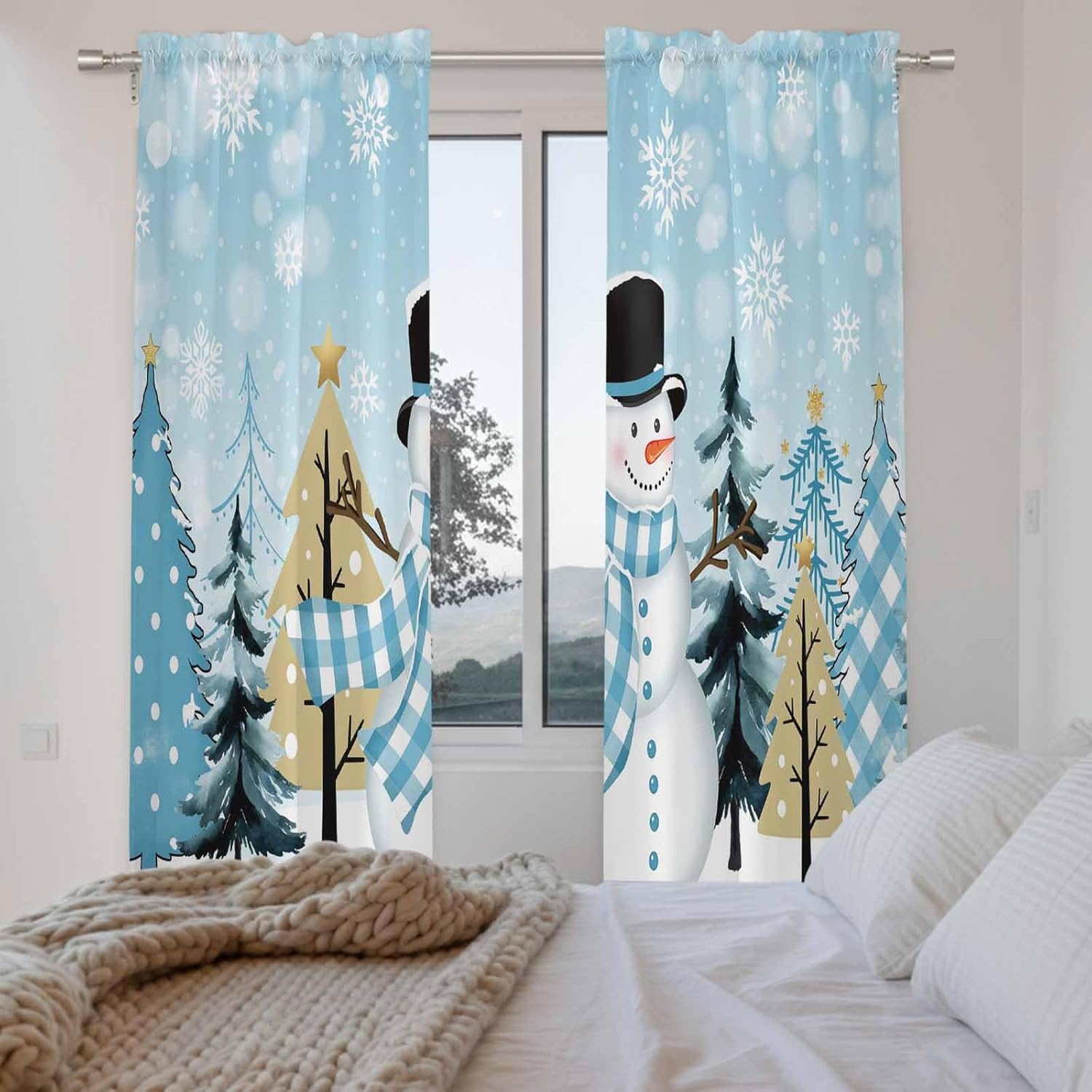 Blue Christmas Snowman Window Curtains 72 Inch Long 2 Panel Set, Rod Pocket Long Curtains & Drapes, Xmas Trees Winter Snowflake Light Filtering Window Treatment for Bedroom Living Room 52"W x 72"L