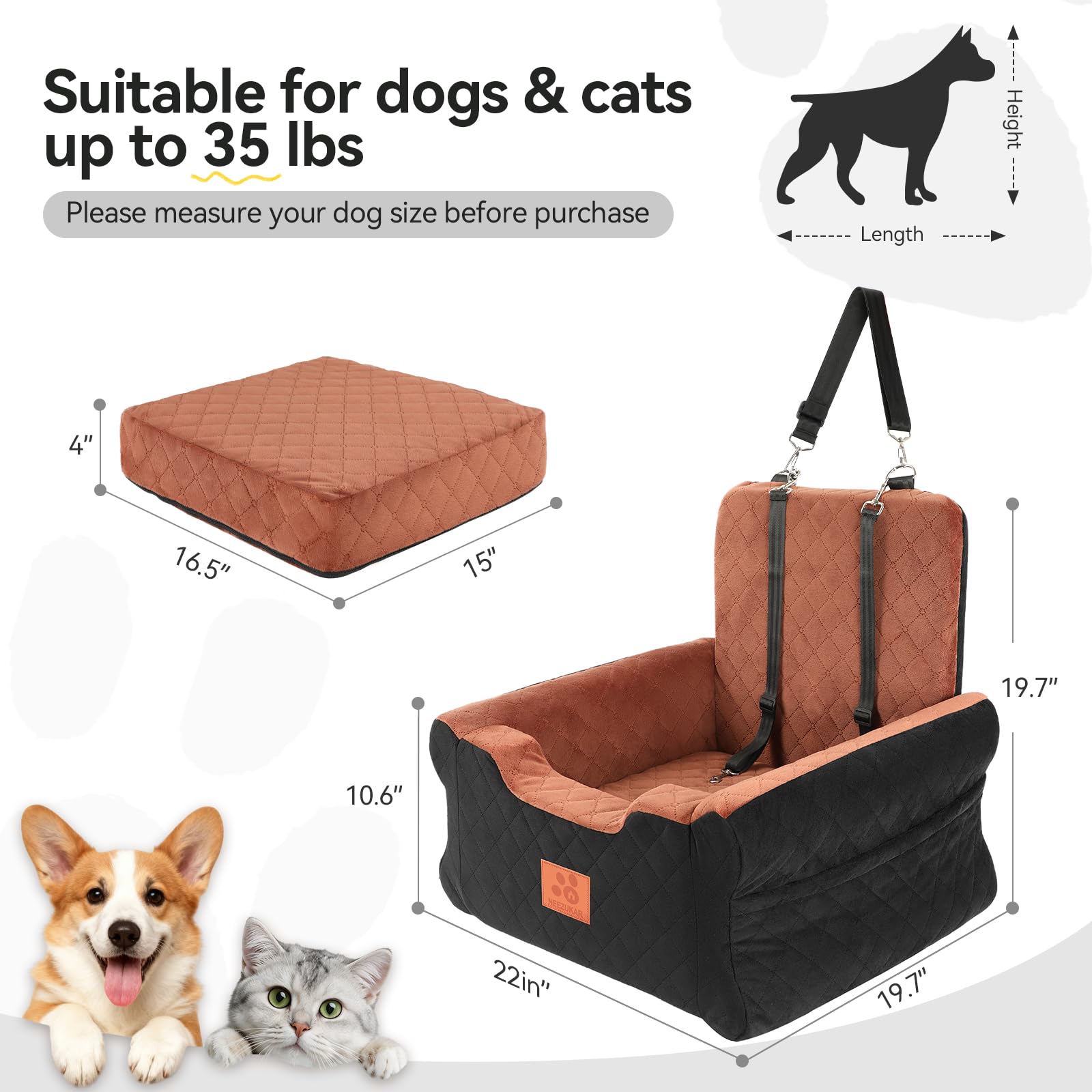 GL GLENSLAVE Asientos de coche para perros pequeños y medianos, asiento elevado de espuma viscoelástica para perros, asiento de coche desmontable lavable para mascotas con cinturones de seguridad y