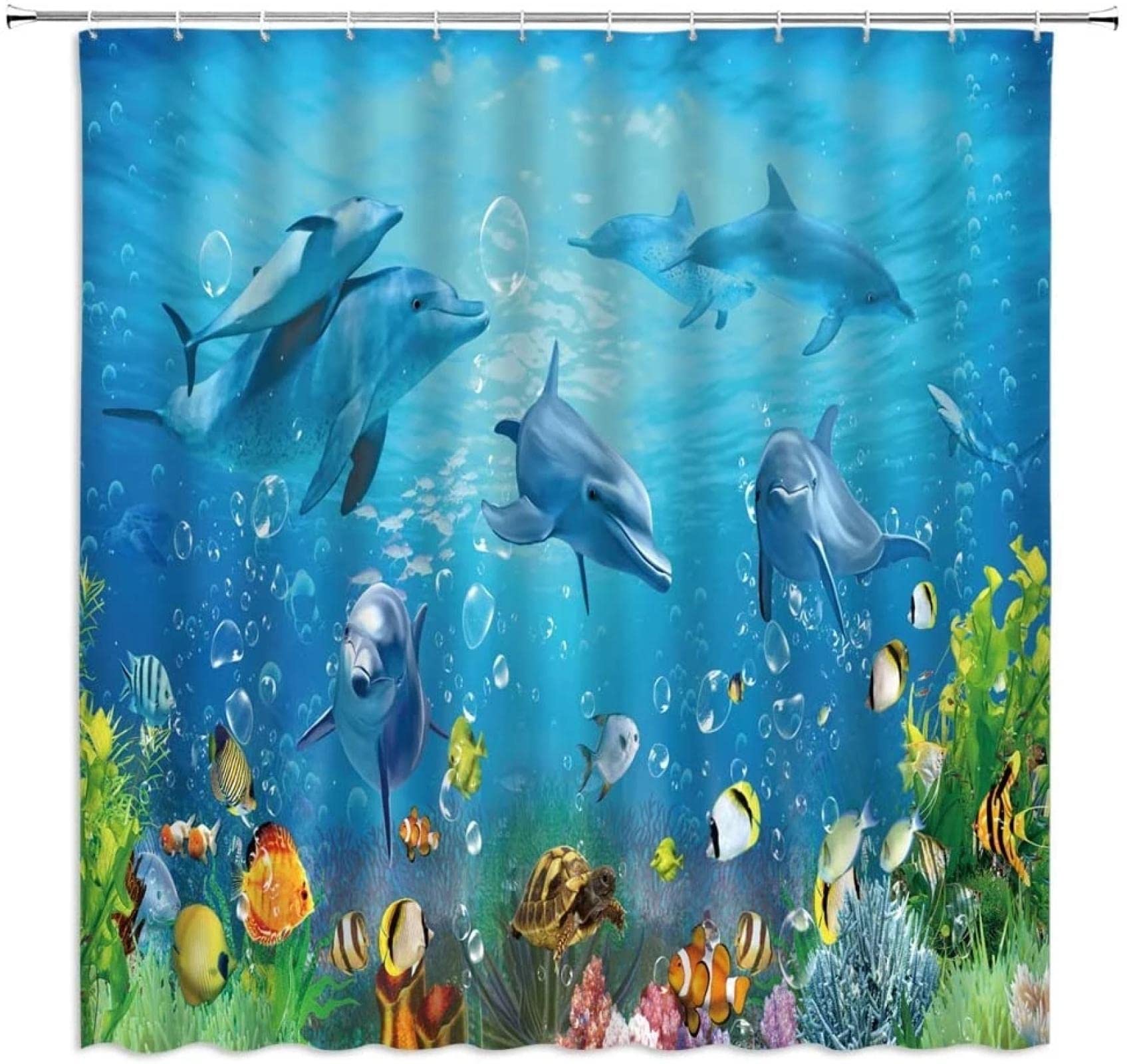 Meereslandschaft Duschvorhänge Unterwasserwelt Delphin Farbe Fisch Schildkröte Meer Tier Themen Badezimmer Stoff Vorhang zum Aufhängen 183x200cm/BxH