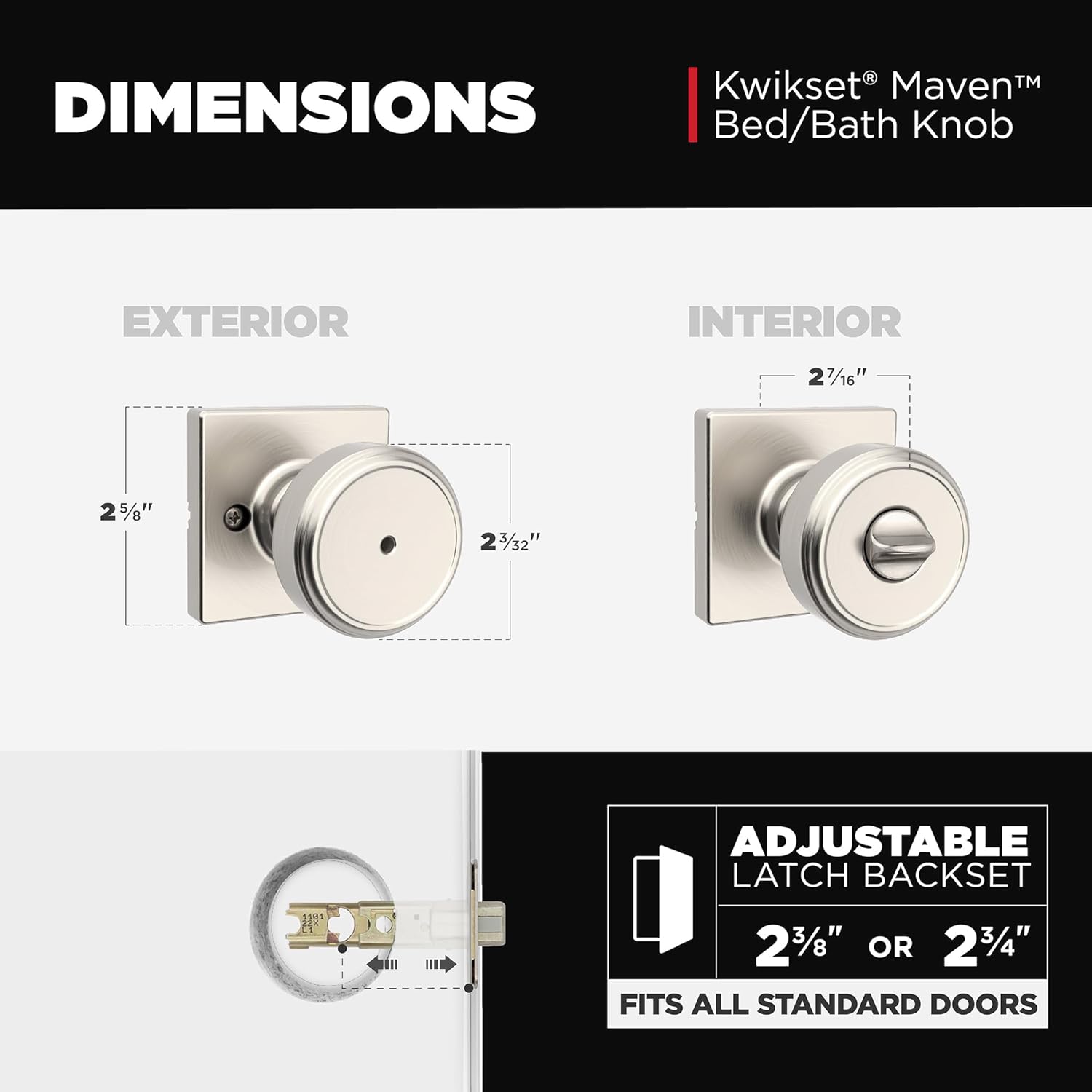 Kwikset Maven Interior Privacy Door Knob with Lock, Square Door Handle for Bathroom and Bedroom, Satin Nickel Keyless Turn Lock Doorknob, with Microban Protection