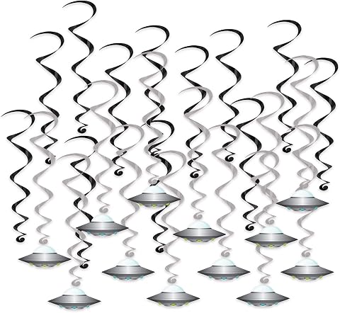 Beistle 24 Parça Uçan Tabak Whirls Dış Mekan Süslemeleri Uzaylı Parti Malzemeleri Asılı Spiraller, 44,5 cm - 63,5 cm, Siyah/Gümüş/Beyaz/Mavi/Yeşil