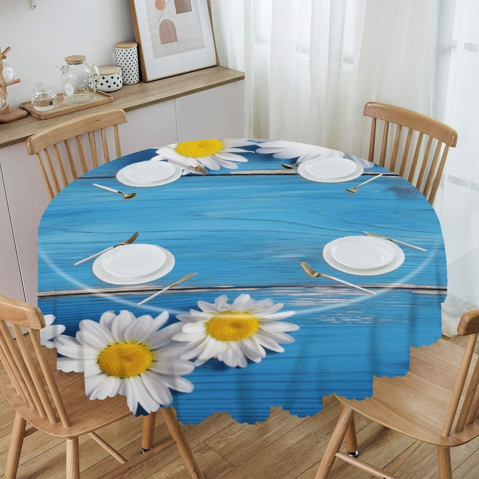 Btcowzrv Style Daisy Flowers Blue Wooden Polyester Round Tablecloth 59.84 Inch, Decorative Washable Table Cover, Table Cloth For Restaurant Picnic Indoor And Outdoor Dining